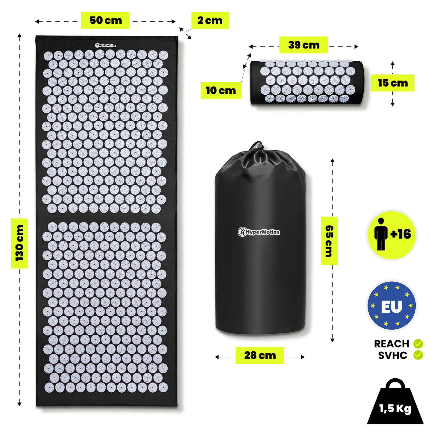 Veľká akupresúrna podložka s vankúšom a poťahom - 130 cm HyperMotion čiernobiela