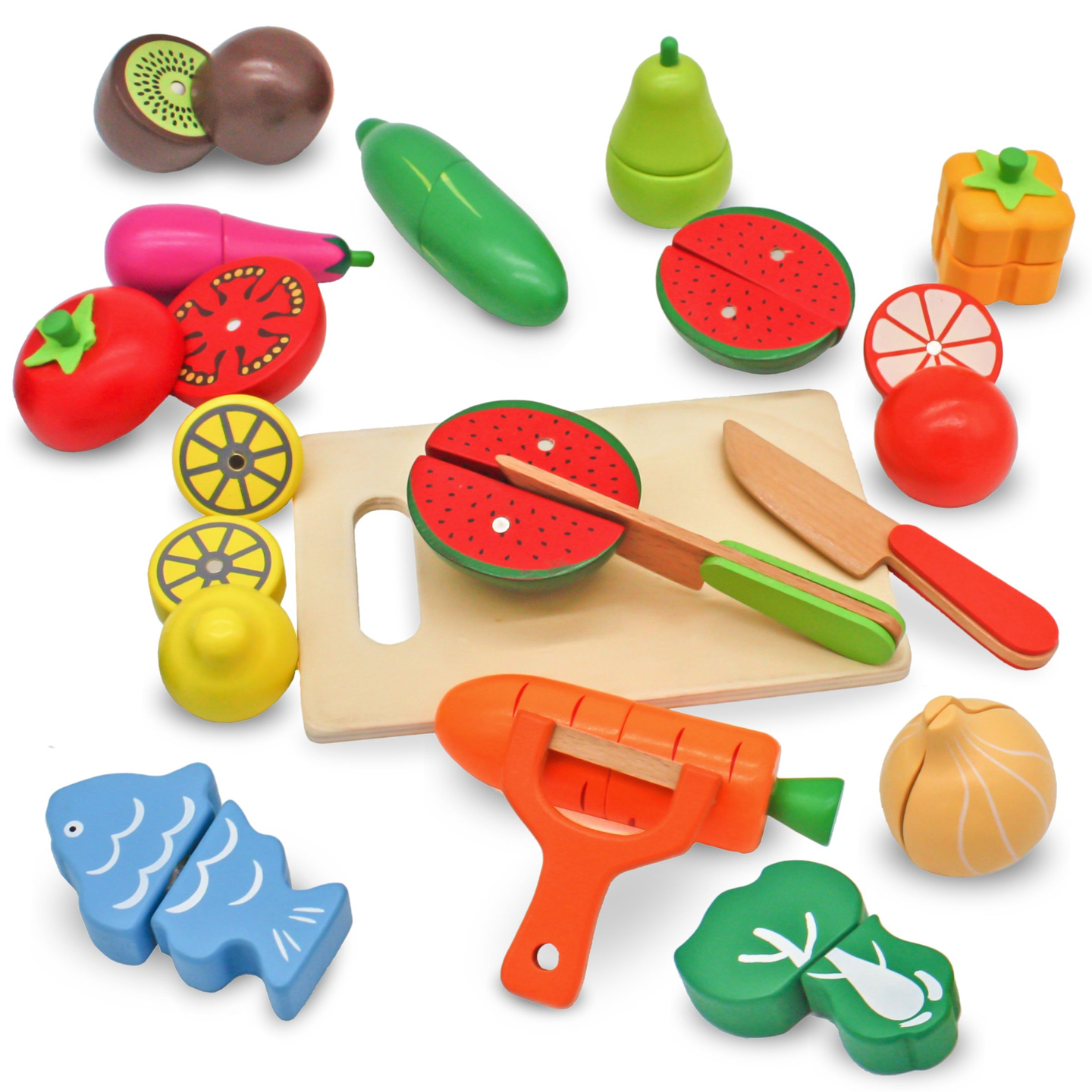 Drevené ovocie a zelenina na krájanie