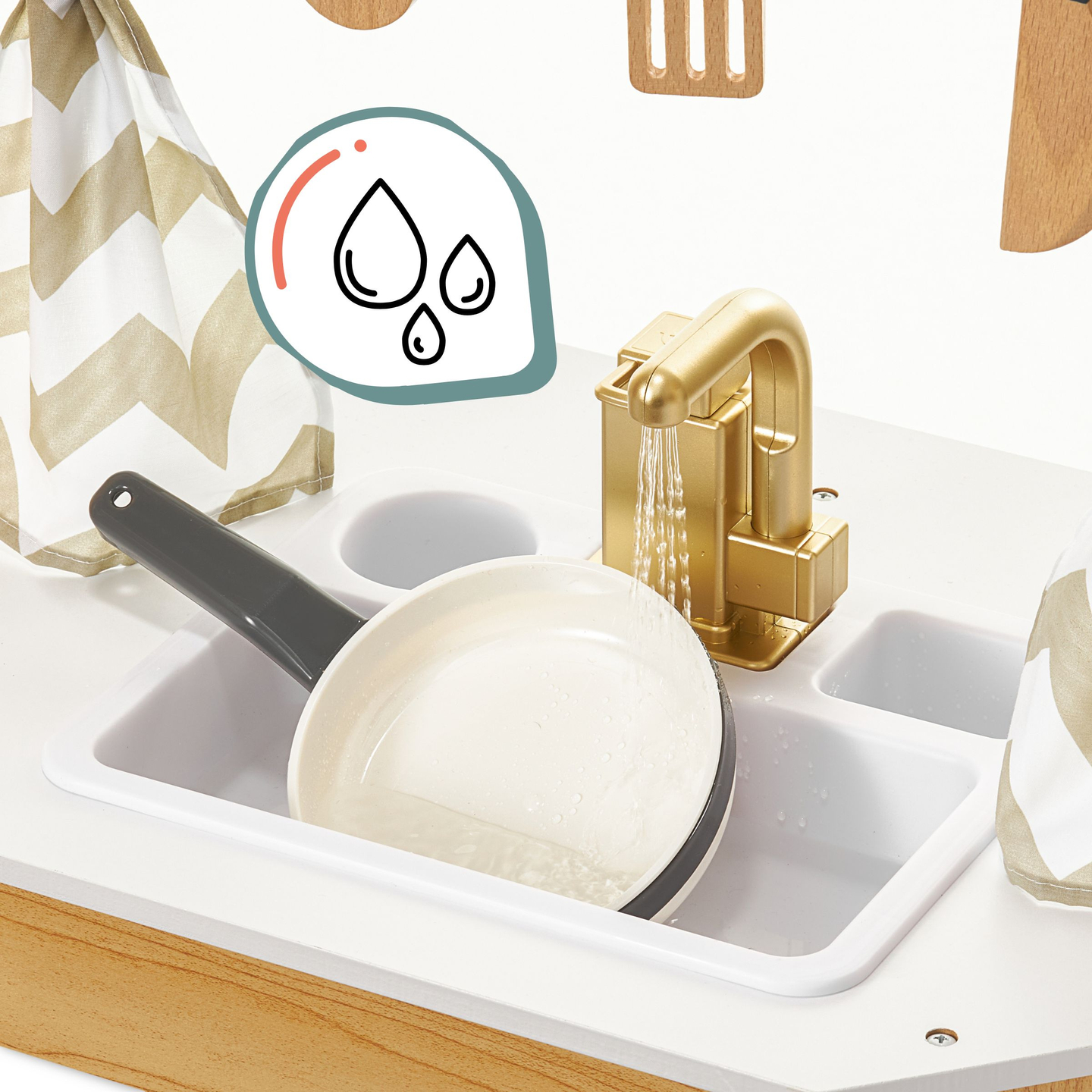 XXXXL veľká drevená interaktívna kuchyňa s LED osvetlením, práčkou, mikrovlnnou rúrou, kávovarom a sadou ovocia a zeleniny - 50 prvkov