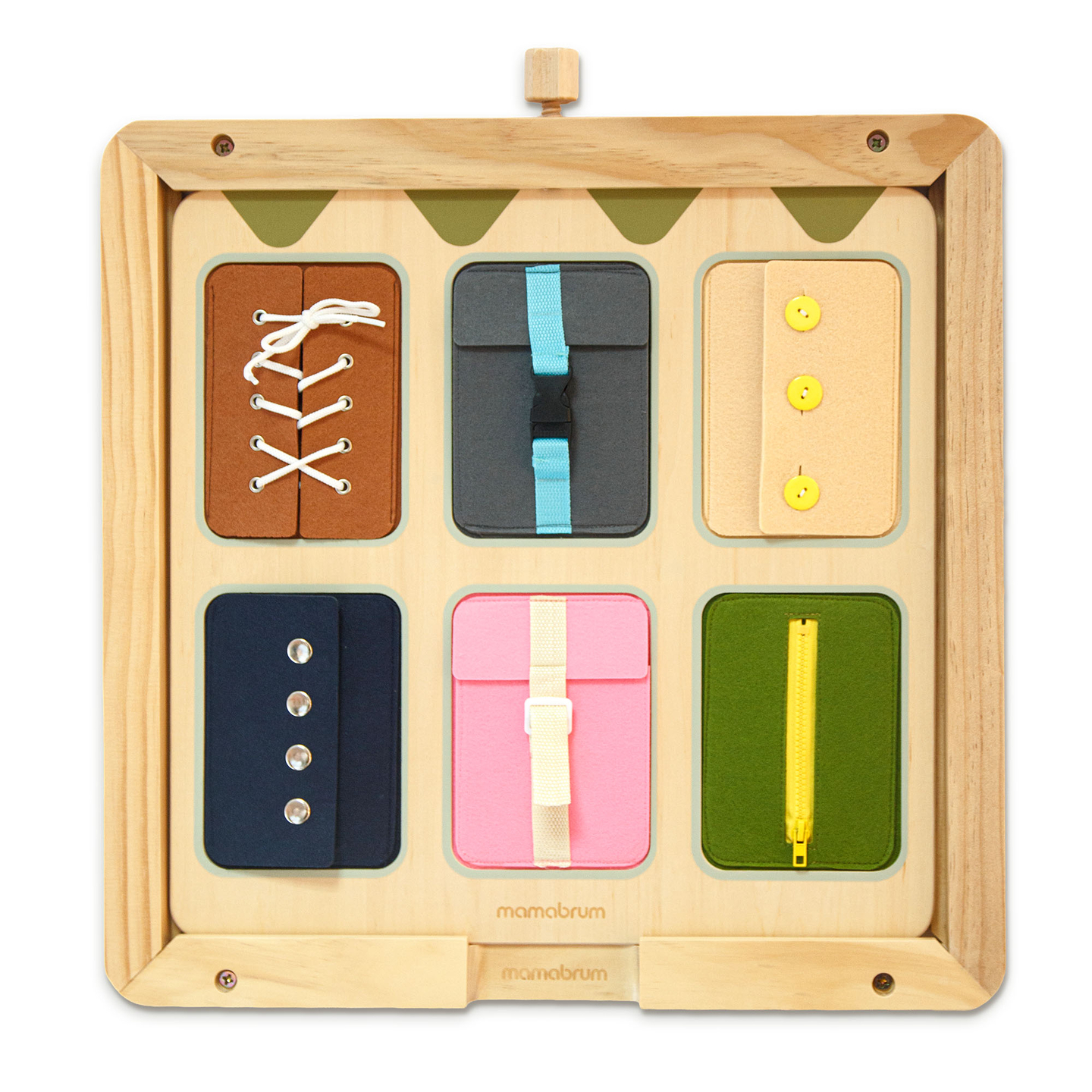 Drevená Montessori manipulačná doska – senzorické učenie samostatnosti – šnúrky, pracky, gombíky, patentky, zips