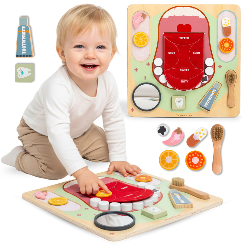Drevená Montessori vzdelávacia tabuľa Malý zubár - zubná kefka, pasta, vyberateľné zuby, zrkadlo, jedlo, učebné príchute