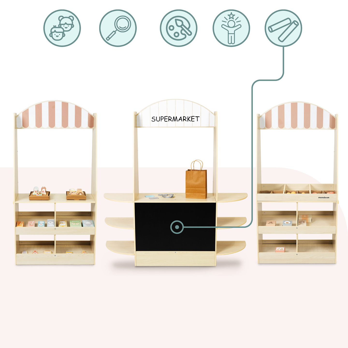 Veľký drevený detský obchod s tabuľou - 91 dielikov pre zábavu pri nakupovaní!