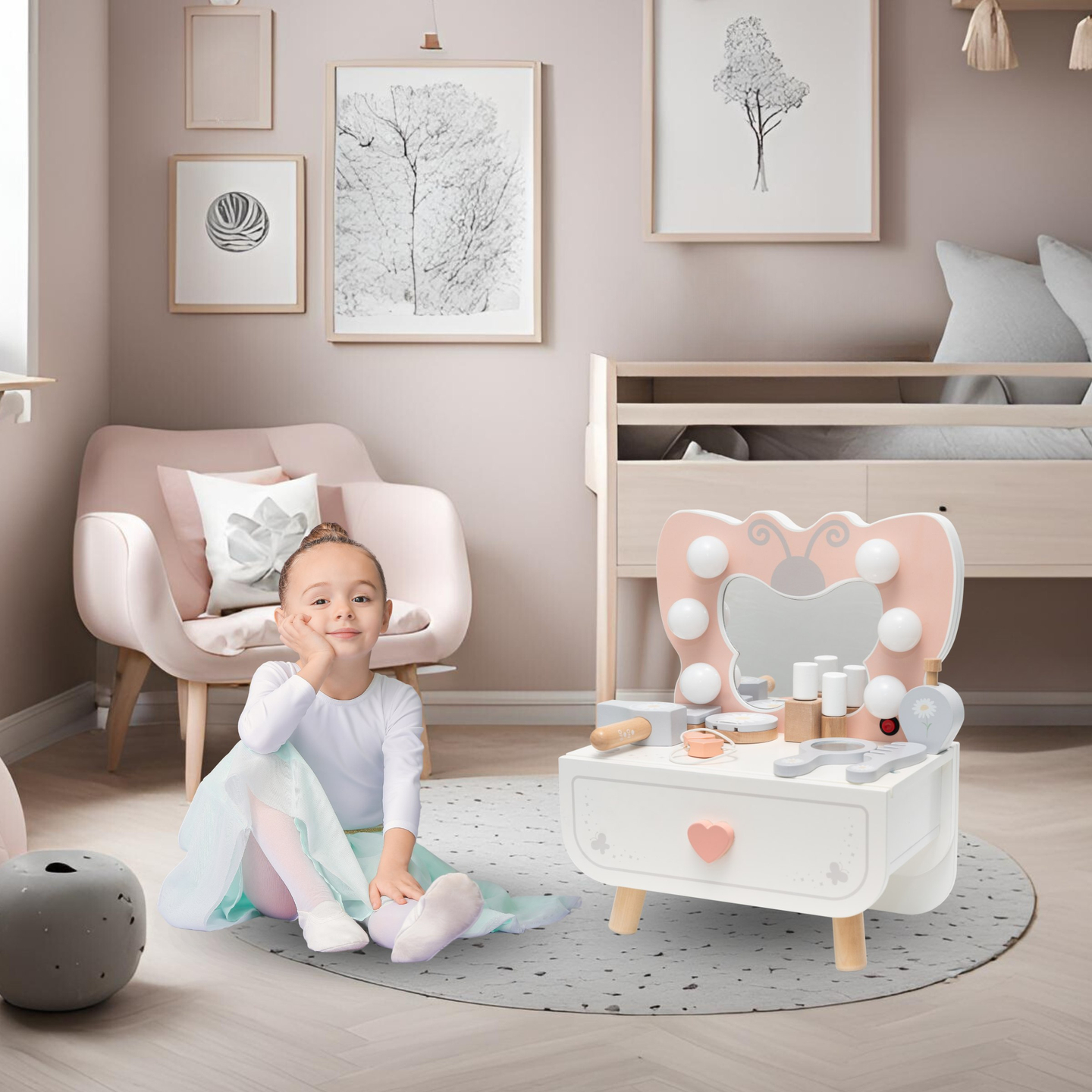 Drevený mini toaletný stolík s LED osvetlením - Butterfly