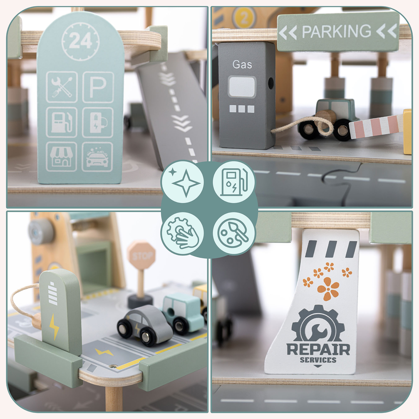 Drevená trojposchodová garáž pre deti s príslušenstvom – parkovisko, čerpacia stanica, umývačka áut, vrtuľník