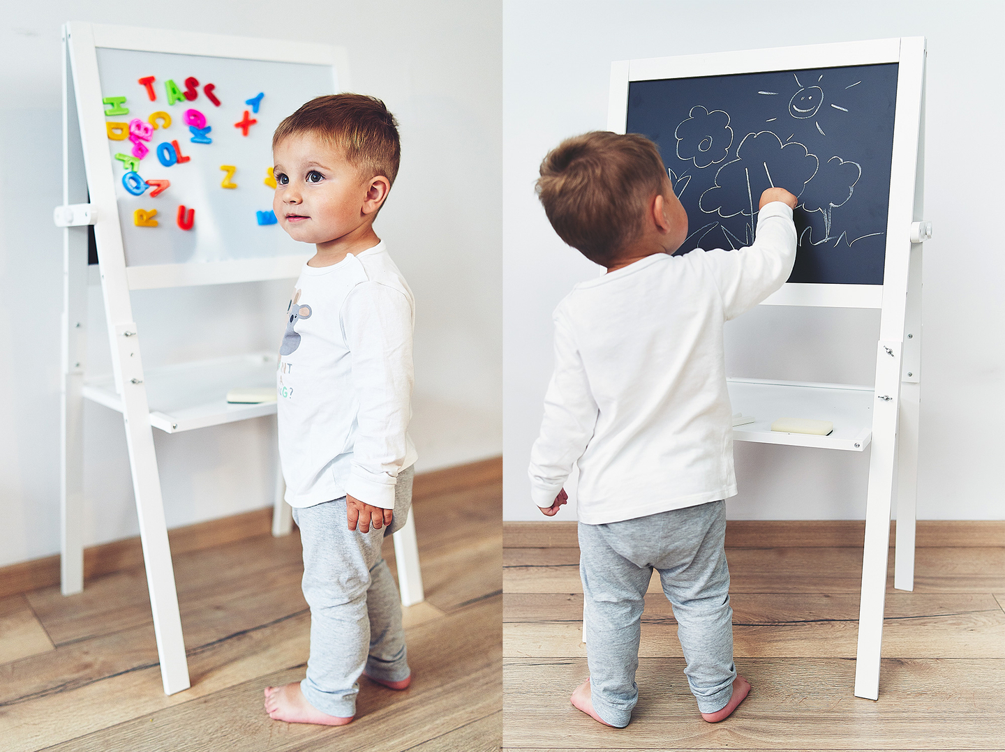 Vzdelávacia obojstranná tabuľa: magnetická a kriedová - suché utieranie, drevená, pre deti, skladacia