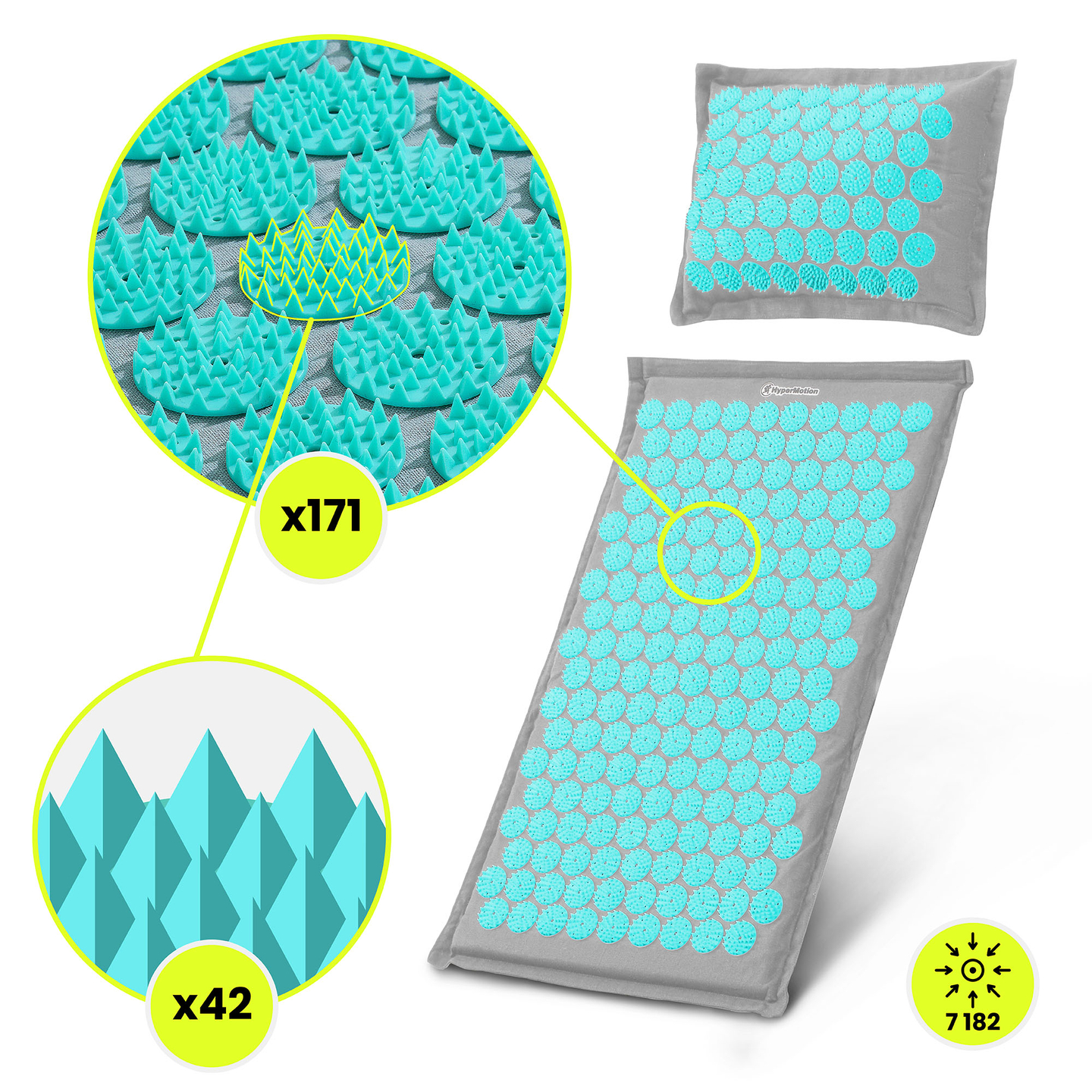 EKO ľanová akupresúrna podložka s kokosovým vláknom a pohánkovým vankúšom – 68 cm HyperMotion sivo-mätová