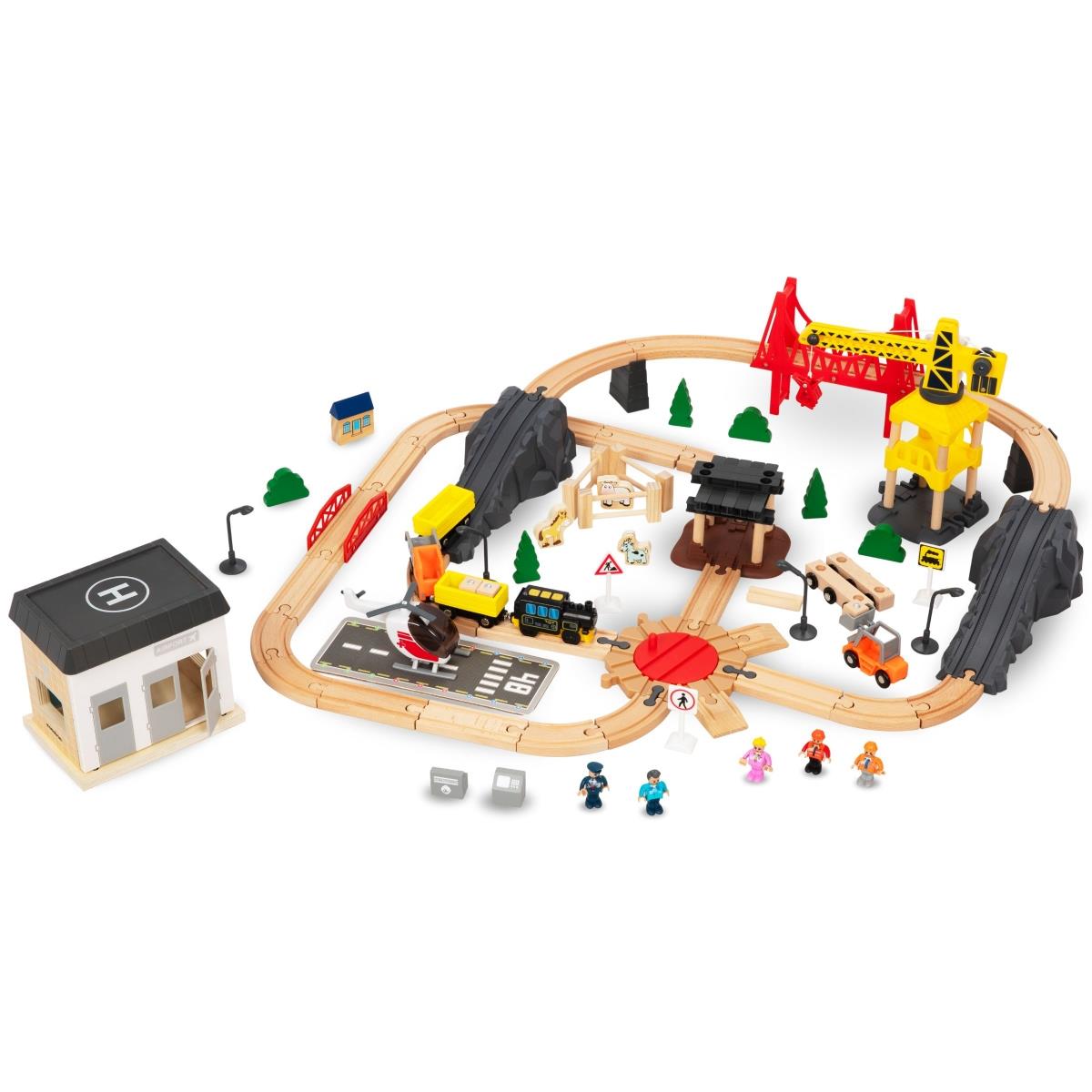 Drevená železnica, vláčik na batérie - Mesto: koľaje, autá, most, letisko