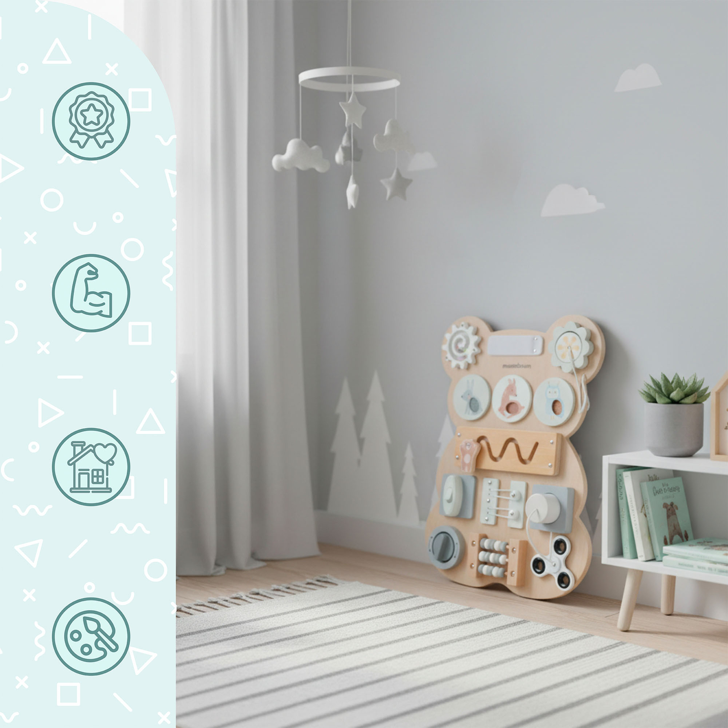 Drevená manipulačná doska Montessori s plyšovým medvedíkom - senzorické učenie samostatnosti: suchý zips, zátka, bludisko, klikajúci gombík