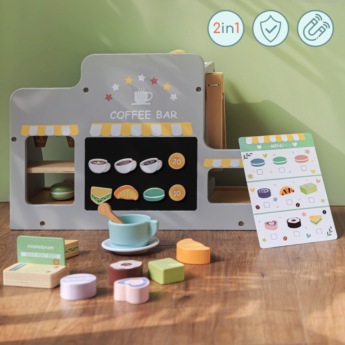 Veľká drevená zmrzlináreň s magnetickou tabuľou, kávovarom a sadou na zmrzlinu a zákusky - viac ako 70 dielikov!