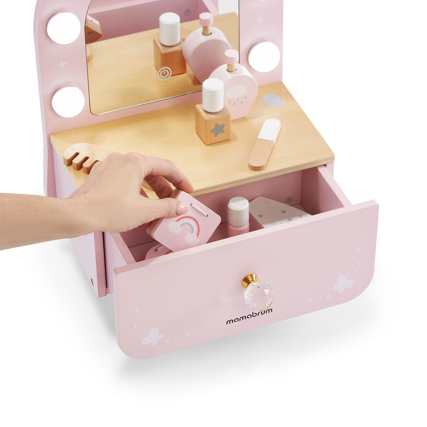 Drevený mini toaletný stolík pre deti s príslušenstvom a LED osvetlením s plynulým nastavením jasu