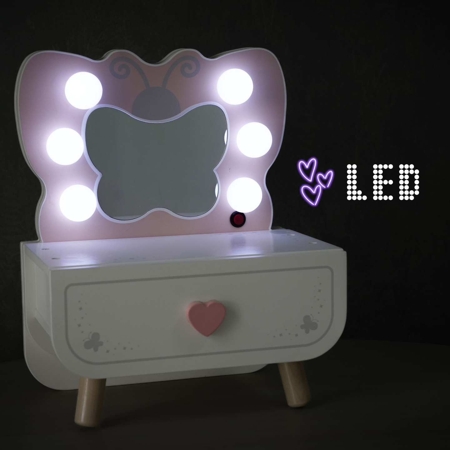 Drevený mini toaletný stolík s LED osvetlením - Butterfly