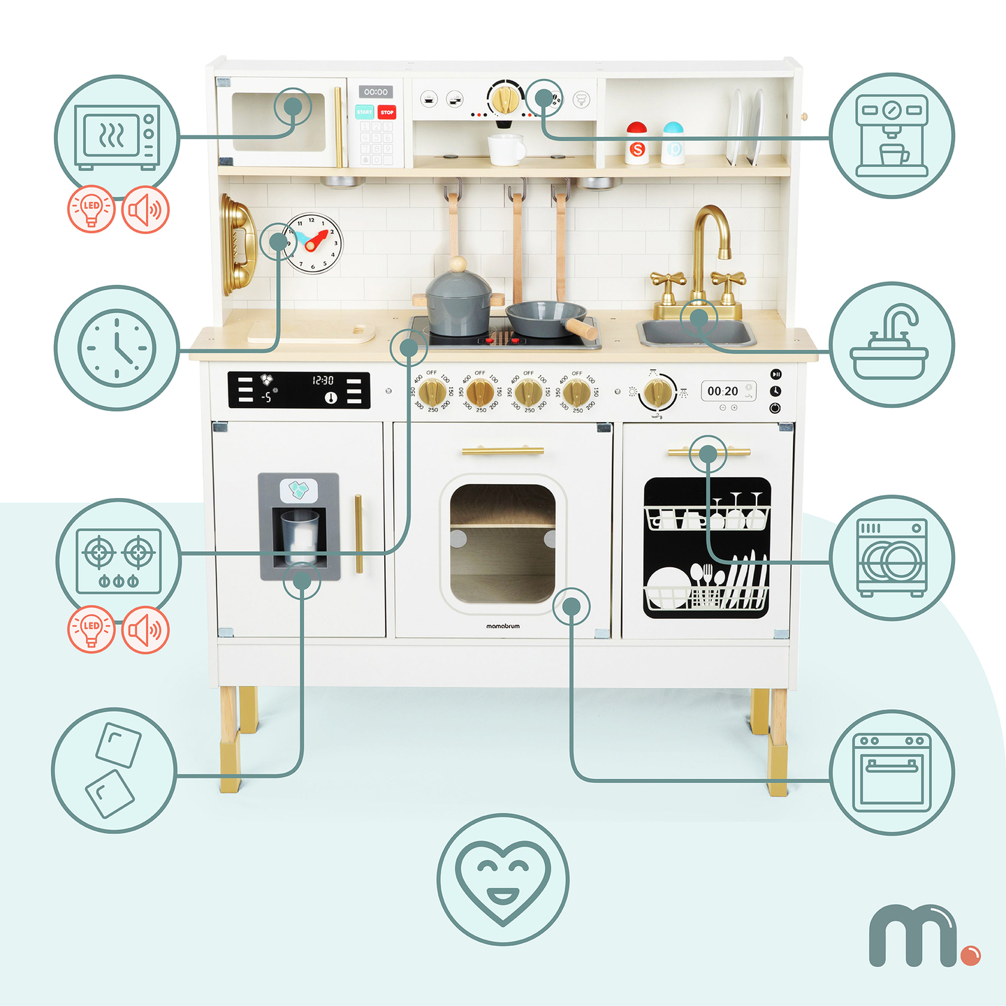 Interaktívna XXL drevená kuchyňa s doplnkami a LED osvetlením - dvojúrovňová