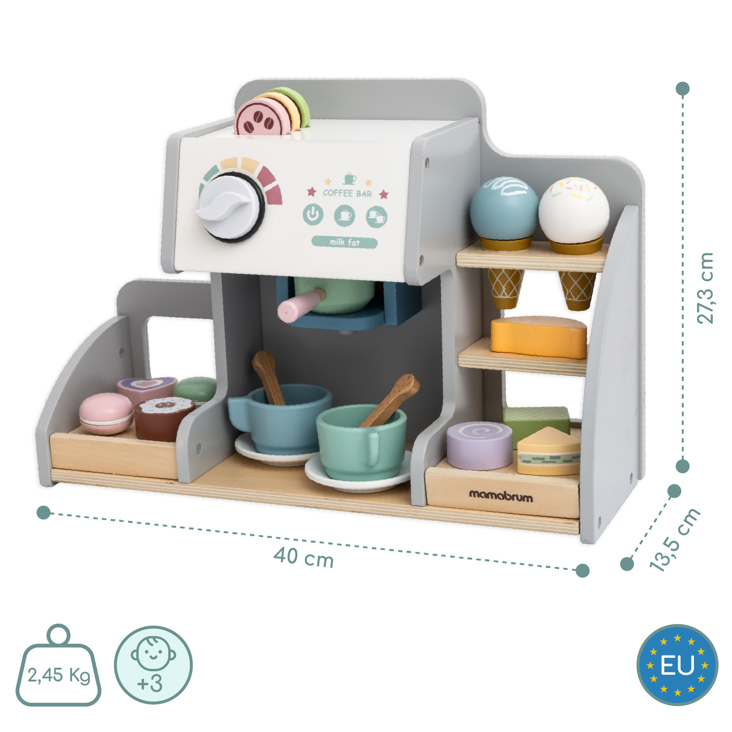 Veľká drevená zmrzlináreň s magnetickou tabuľou, kávovarom a sadou na zmrzlinu a zákusky - viac ako 70 dielikov!