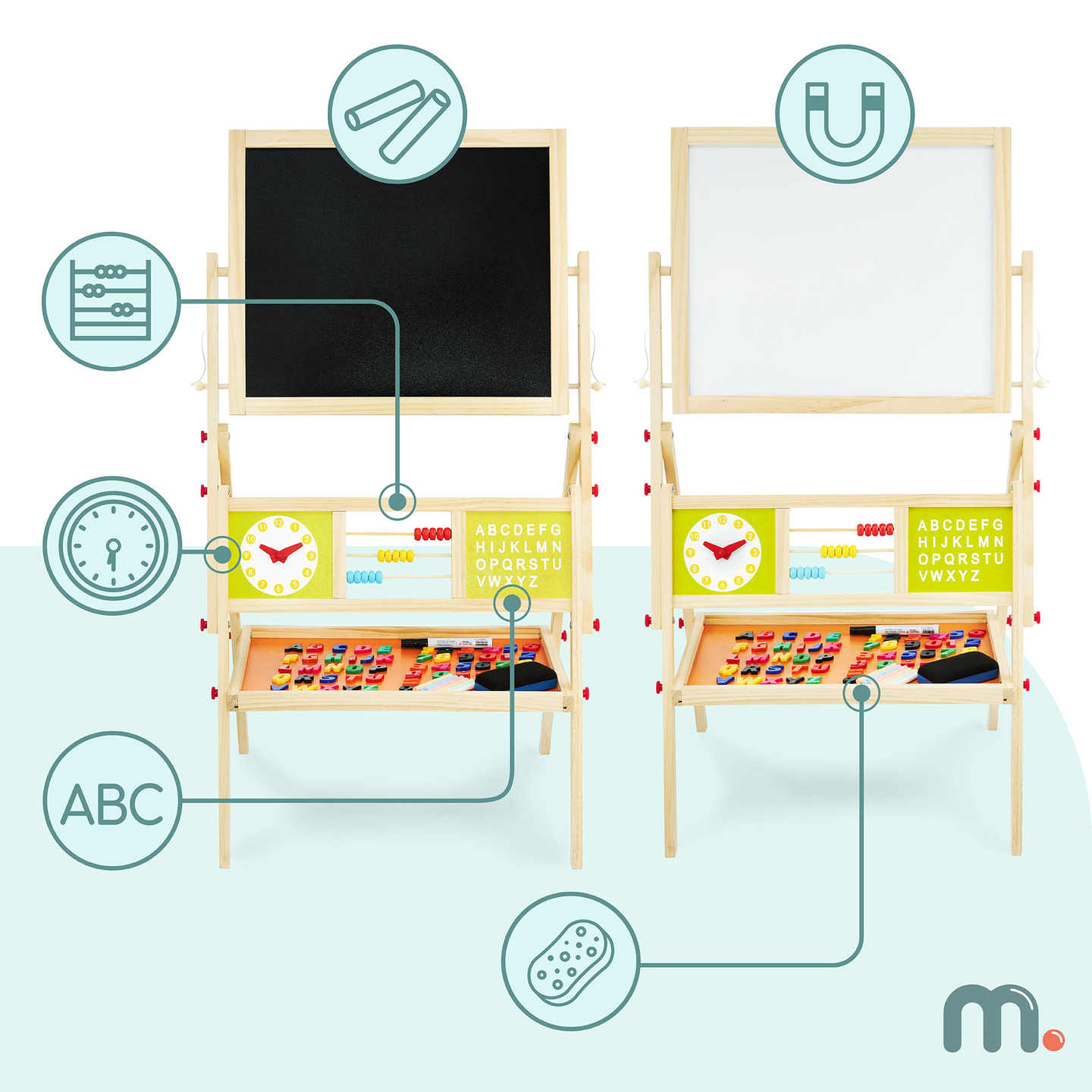 Veľká vzdelávacia obojstranná tabuľa: magnetická a kriedová - tabuľa na vymazávanie za sucha, drevená