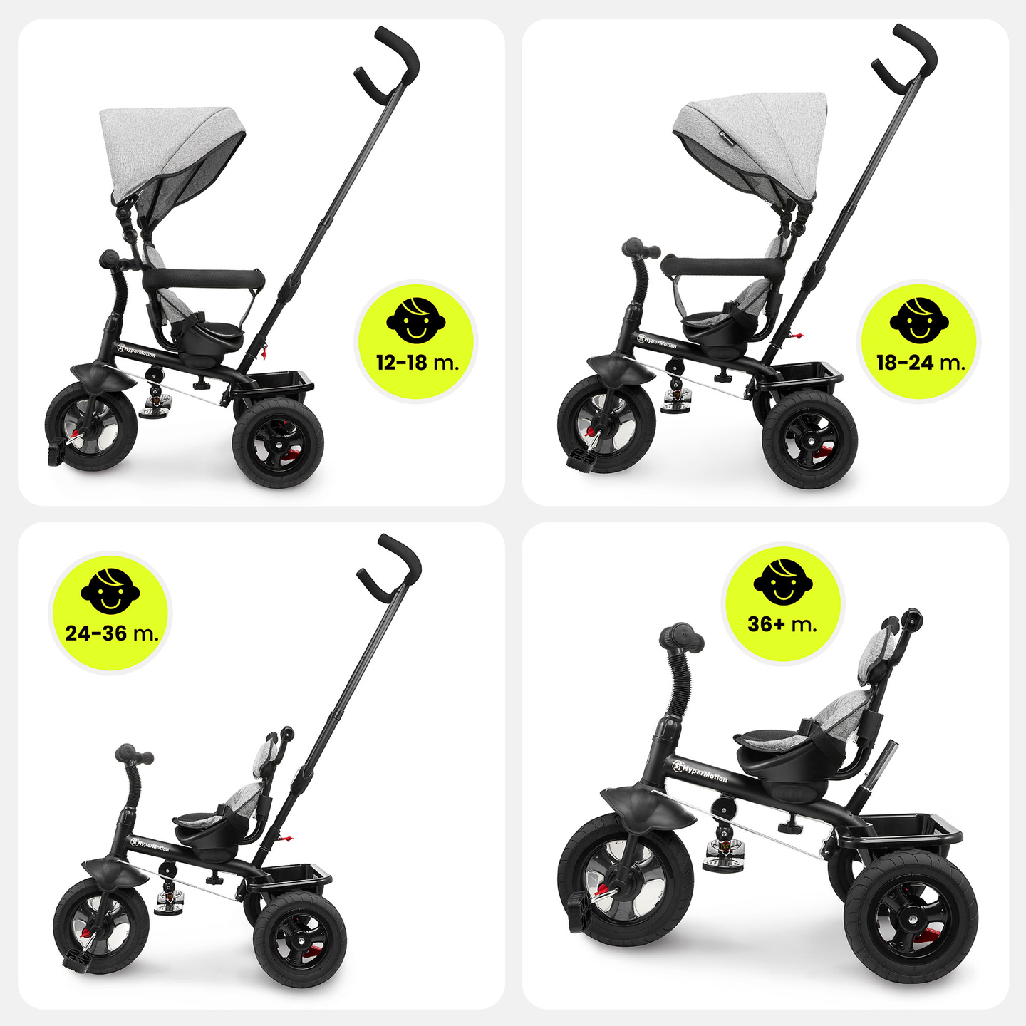 Trojkolka pre deti od 1 do 4 rokov - TOBI FREY - sivá farba - otočná - pumpované kolesá + tlačné koleso