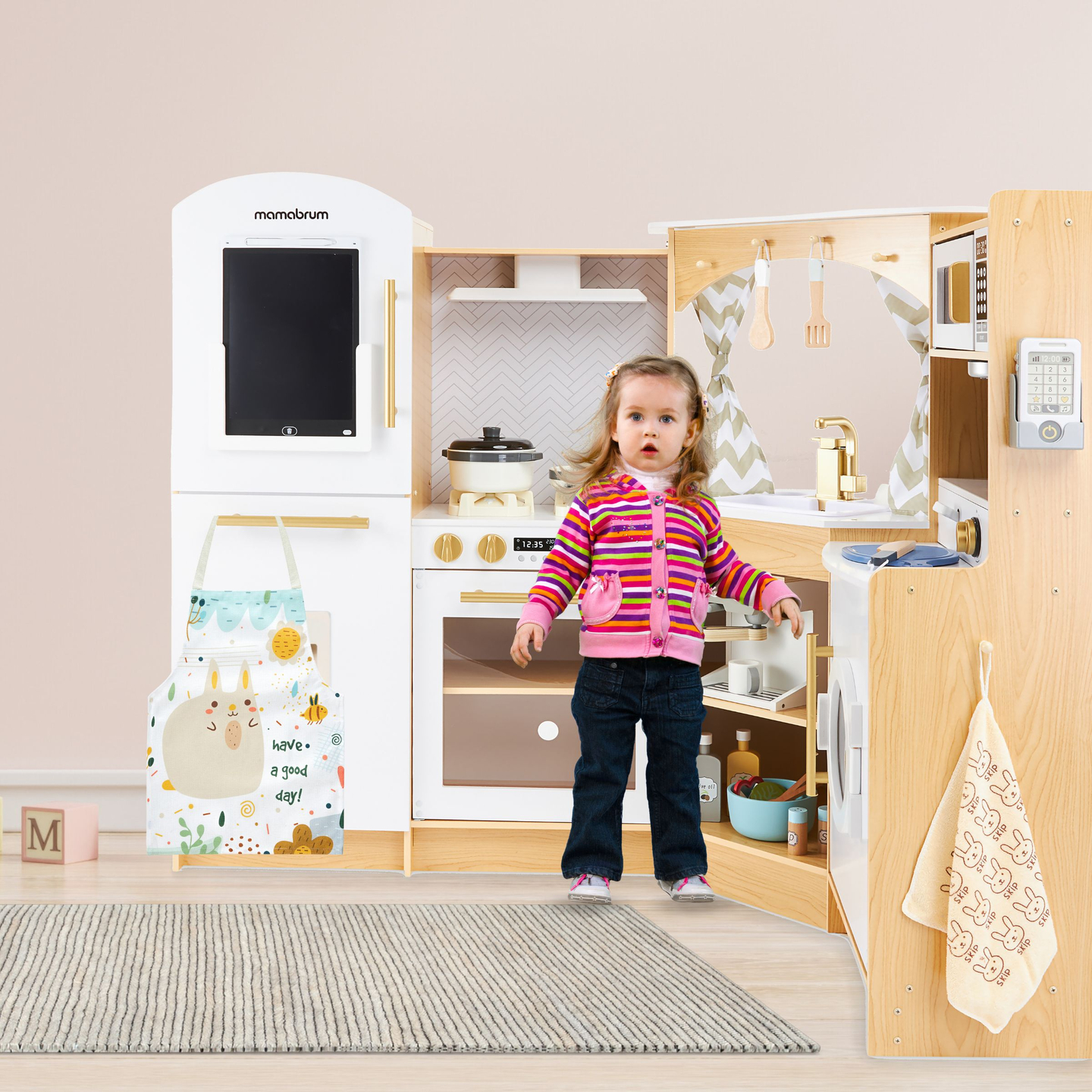 XXXXL veľká drevená interaktívna kuchyňa s LED osvetlením, práčkou, mikrovlnnou rúrou, kávovarom a sadou ovocia a zeleniny - 50 prvkov