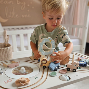 Vzdelávací drevený stôl 10v1 so zvieratkami a vláčikom