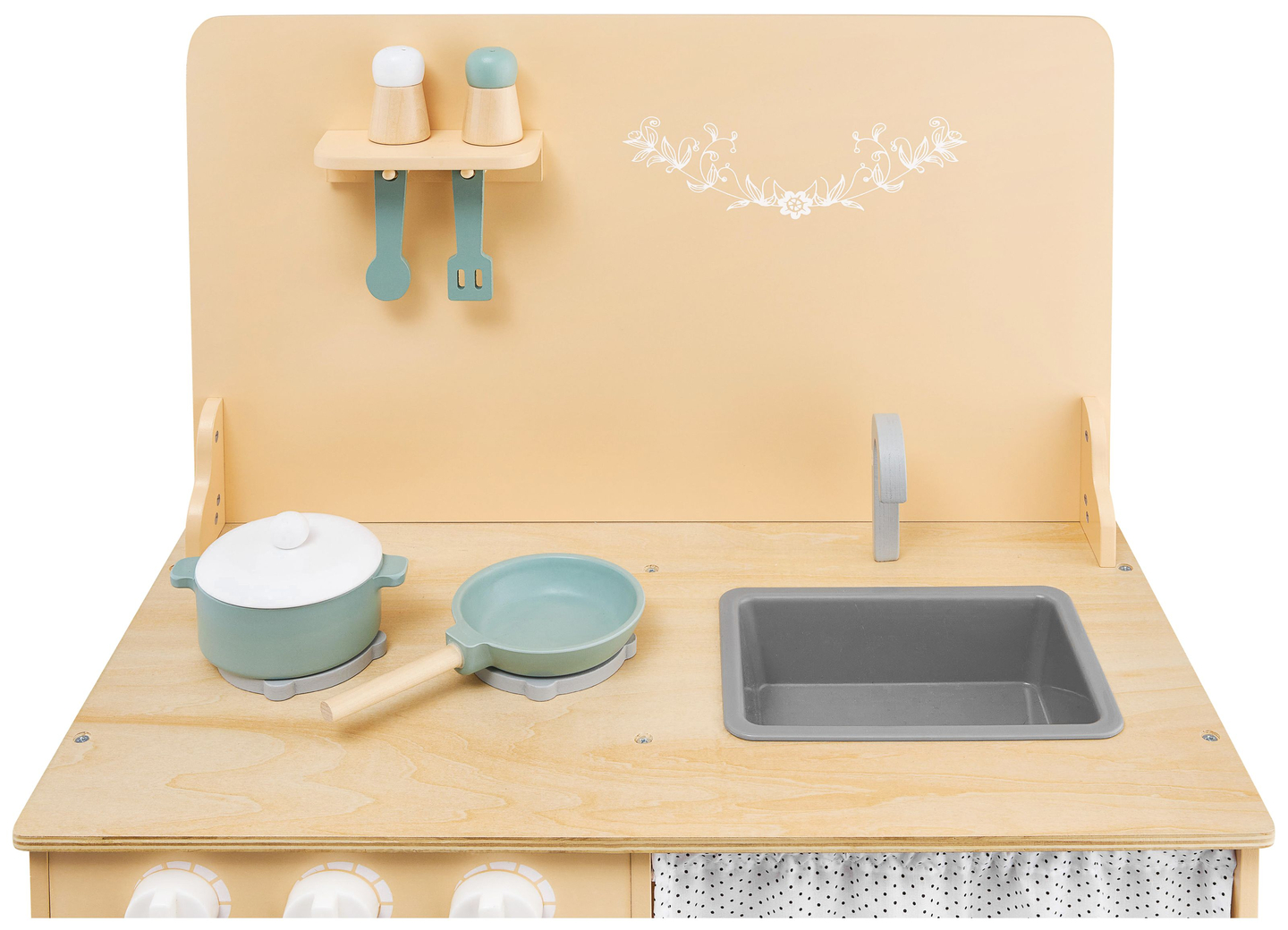 Drevená kuchyňa so zásterou, príslušenstvom a LED osvetlením