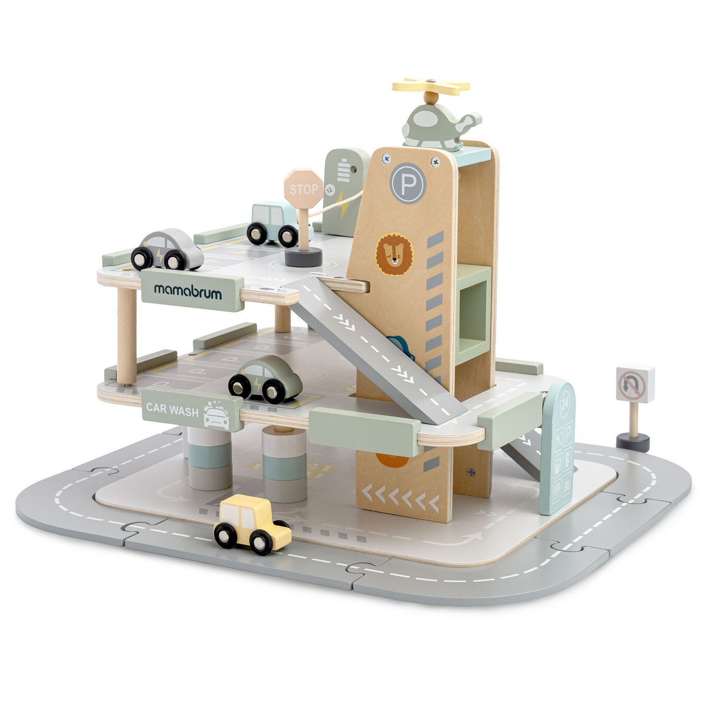 Drevená trojposchodová garáž pre deti s príslušenstvom – parkovisko, čerpacia stanica, umývačka áut, vrtuľník