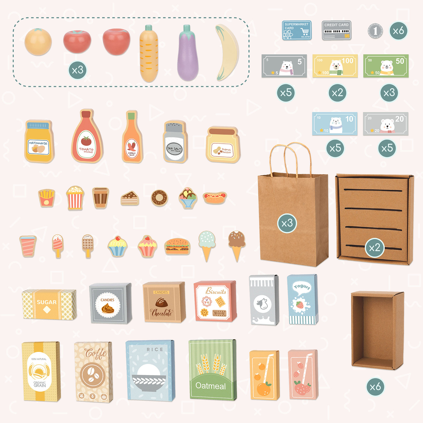 Veľký drevený detský obchod s tabuľou - 91 dielikov pre zábavu pri nakupovaní!