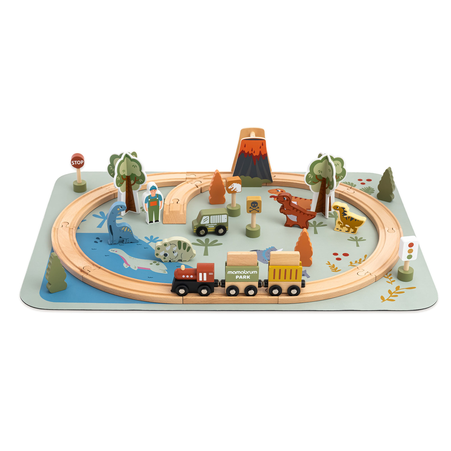 Drevený vláčik Dino Park s protišmykovou podložkou - dinosaury, vláčik, koľajnice, sopka, zvonček