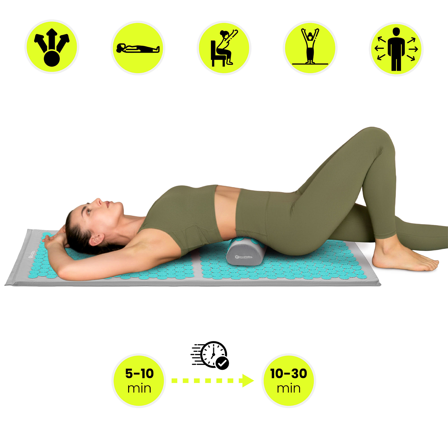 Veľká akupresúrna podložka s vankúšom a poťahom - 130 cm HyperMotion sivo-mätová