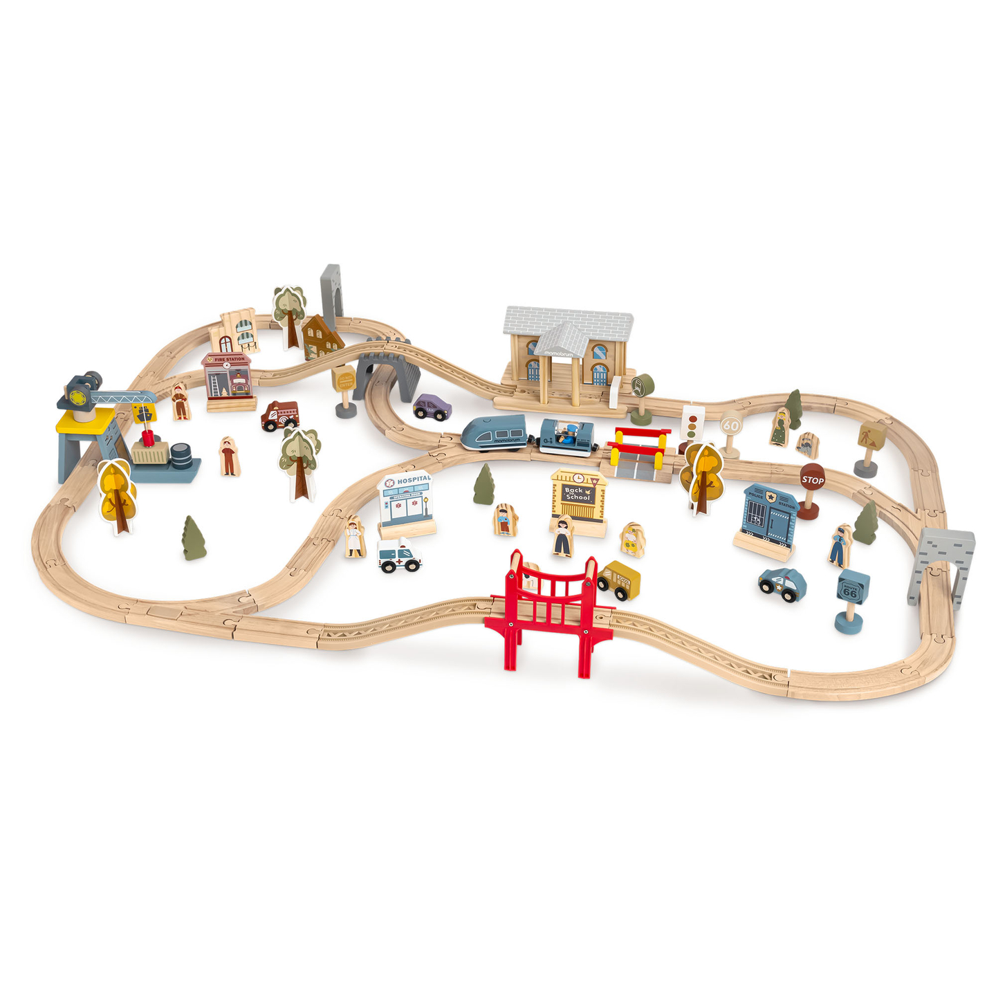 Drevená mestská železnica s elektrickým vlakom - pohybujúci sa žeriav, loď, mosty