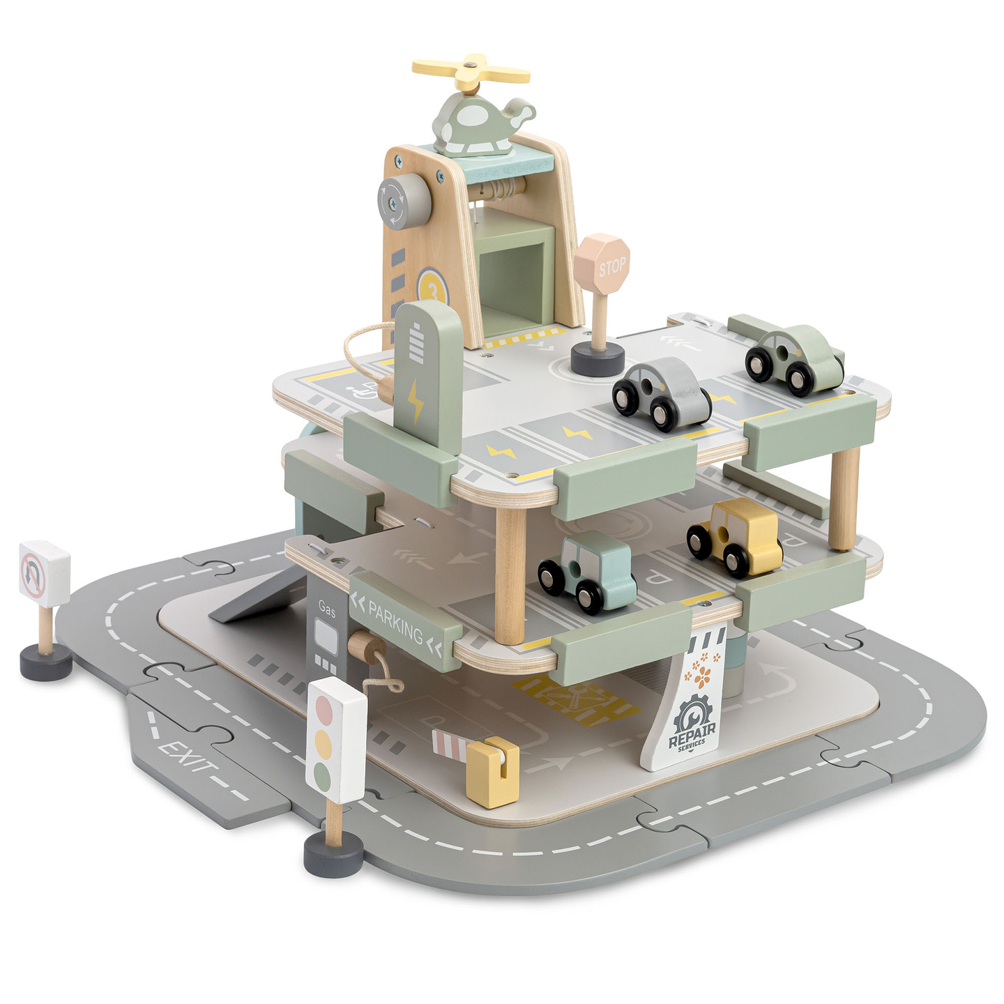 Drevená trojposchodová garáž pre deti s príslušenstvom – parkovisko, čerpacia stanica, umývačka áut, vrtuľník
