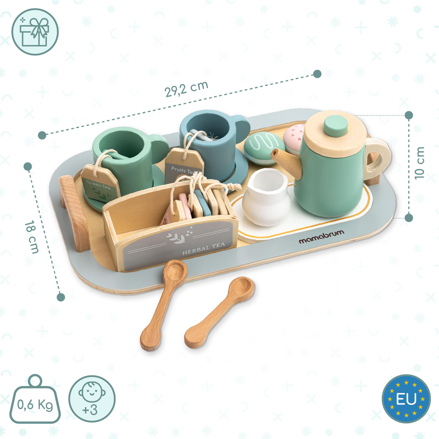 Veľká drevená čajová súprava s podnosom - 18 kusov