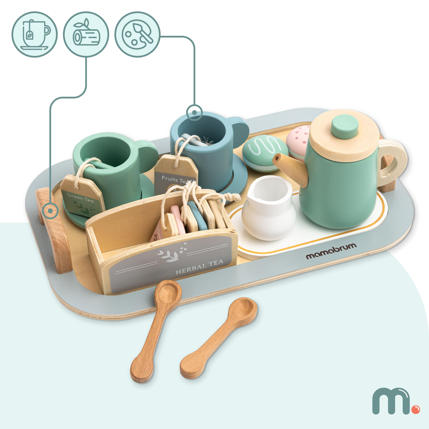 Veľká drevená čajová súprava s podnosom - 18 kusov