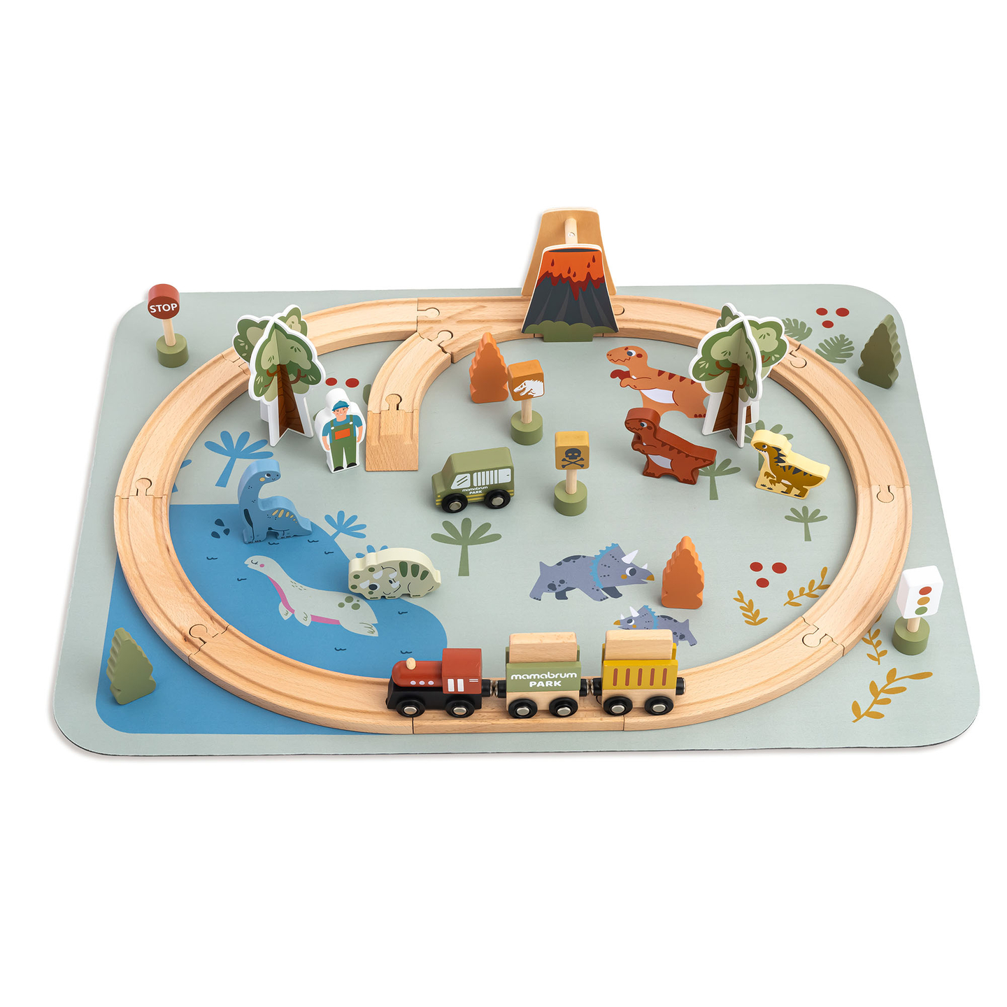 Drevený vláčik Dino Park s protišmykovou podložkou - dinosaury, vláčik, koľajnice, sopka, zvonček