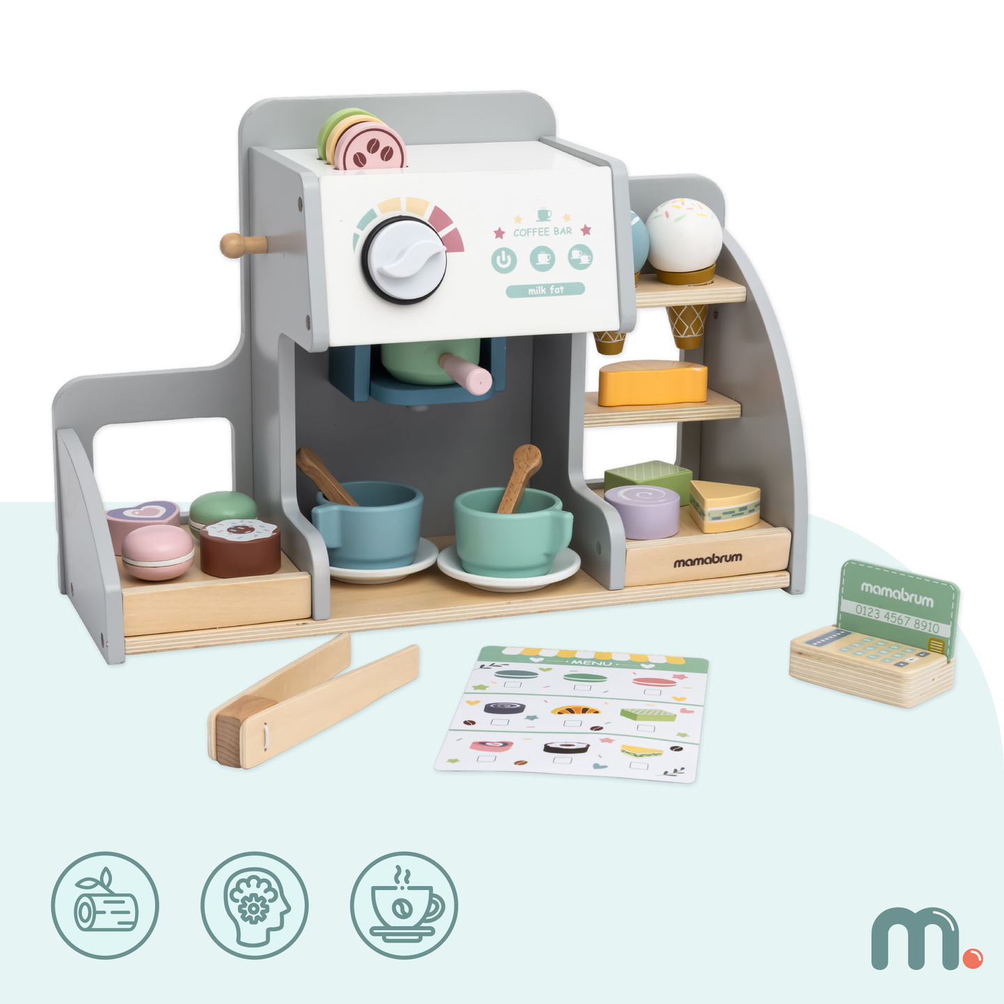 Veľká drevená zmrzlináreň s magnetickou tabuľou, kávovarom a sadou na zmrzlinu a zákusky - viac ako 70 dielikov!