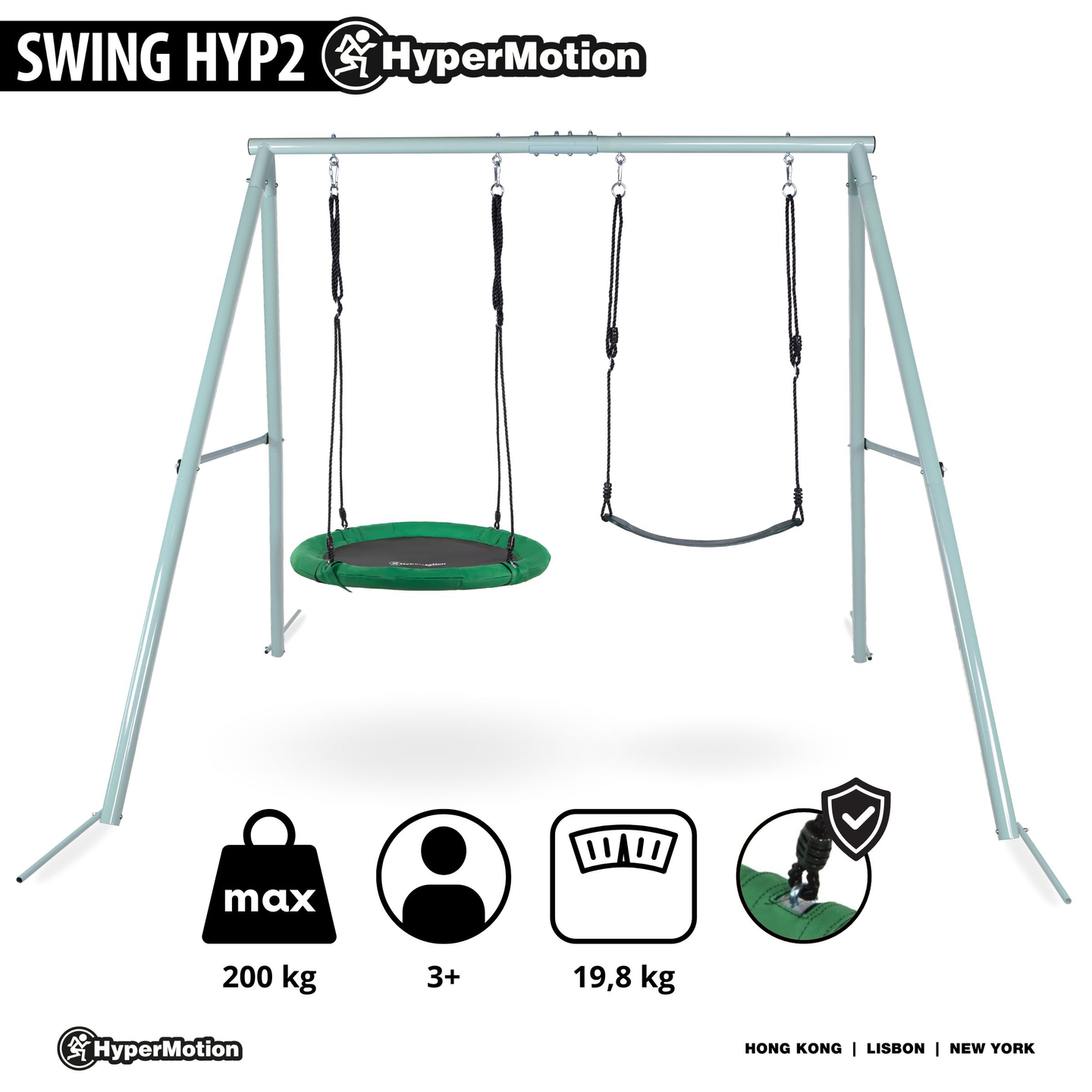 Dvojitá záhradná hojdačka s rámom a lanami - sedák a bocianie hniezdo