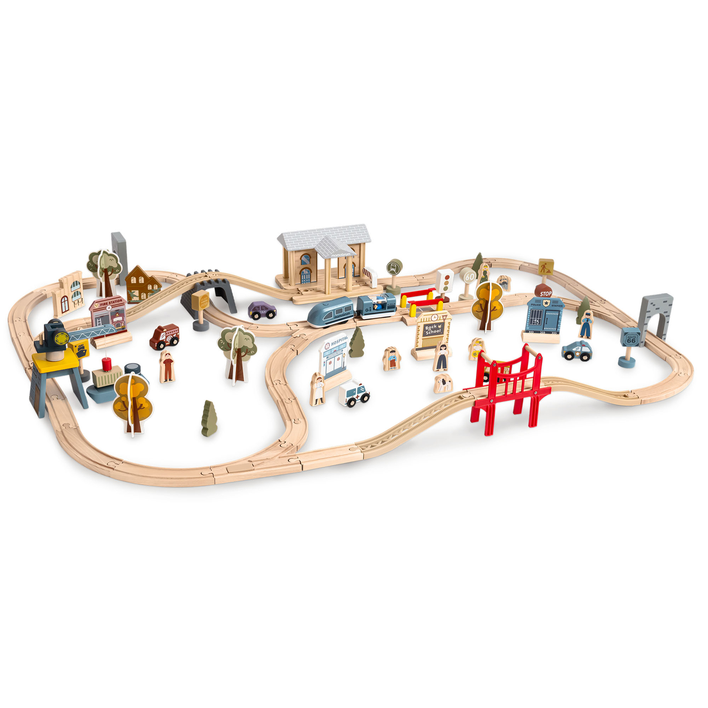 Drevená mestská železnica s elektrickým vlakom - pohybujúci sa žeriav, loď, mosty