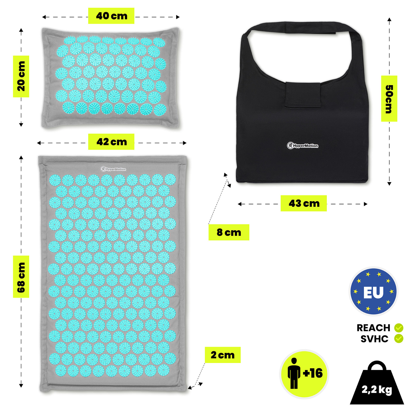 EKO ľanová akupresúrna podložka s kokosovým vláknom a pohánkovým vankúšom – 68 cm HyperMotion sivo-mätová