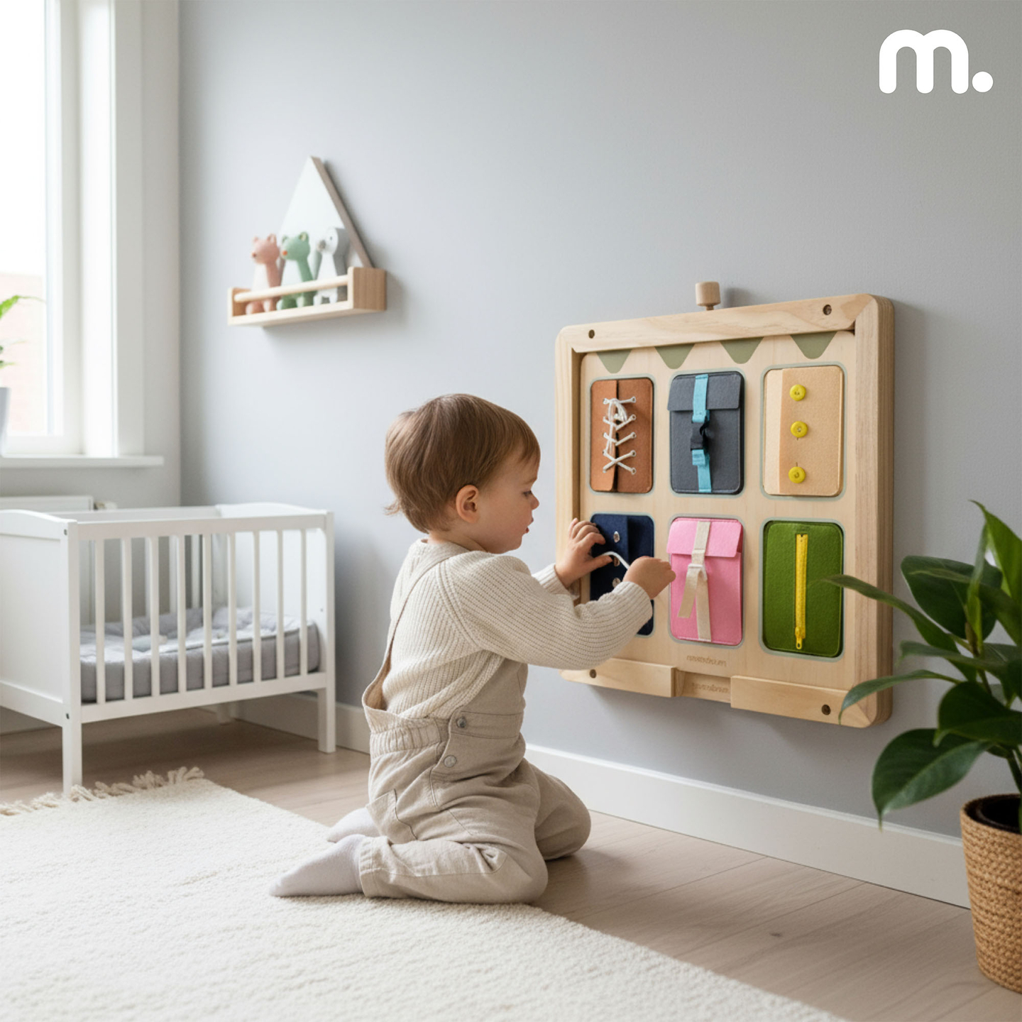 Drevená Montessori manipulačná doska – senzorické učenie samostatnosti – šnúrky, pracky, gombíky, patentky, zips