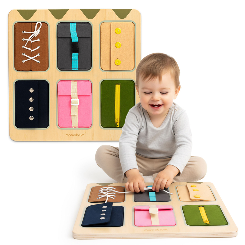 Drevená Montessori manipulačná doska – senzorické učenie samostatnosti – šnúrky, pracky, gombíky, patentky, zips