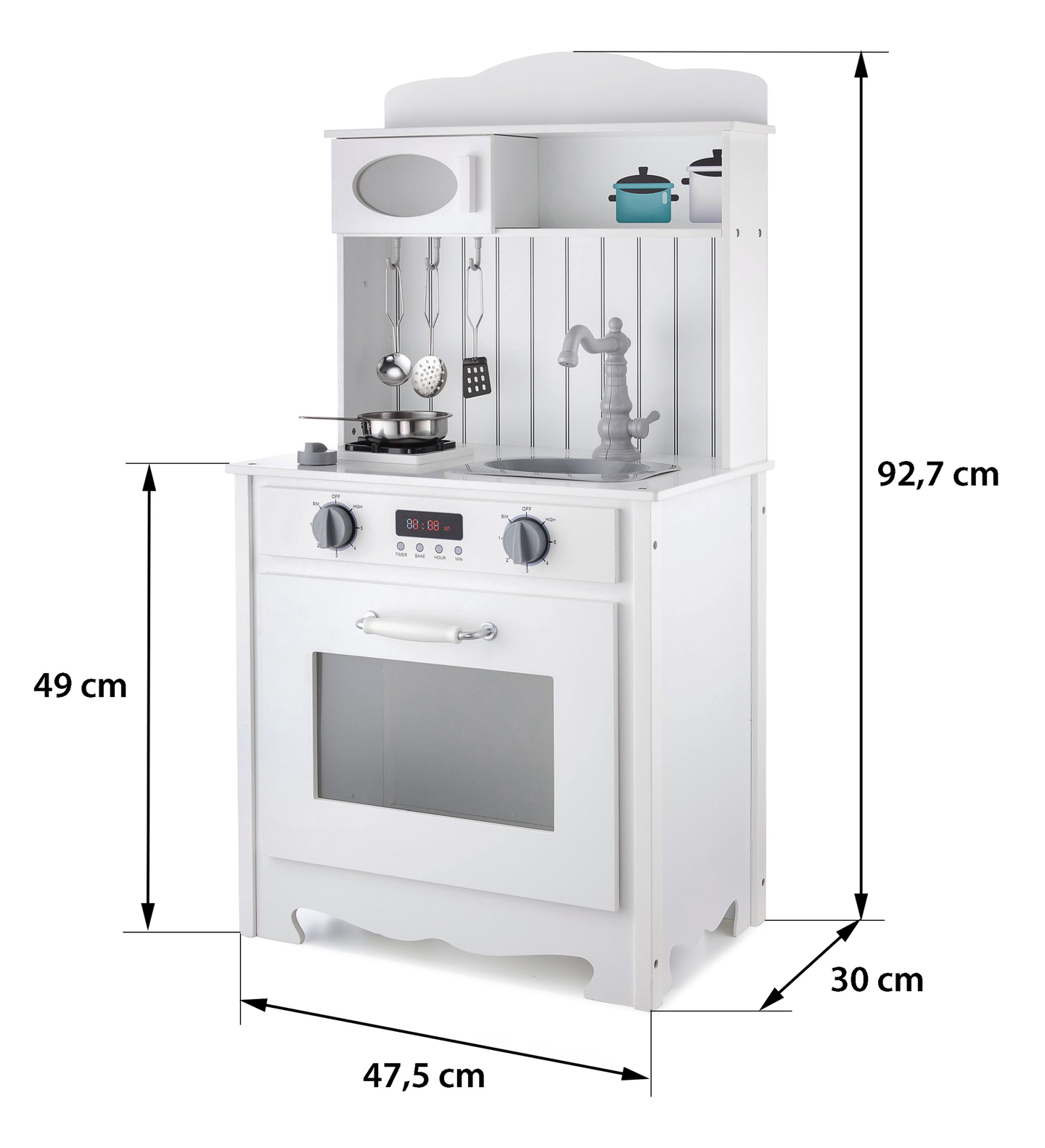 Biela drevená kuchyňa so zásterou, doplnkami a LED lampou