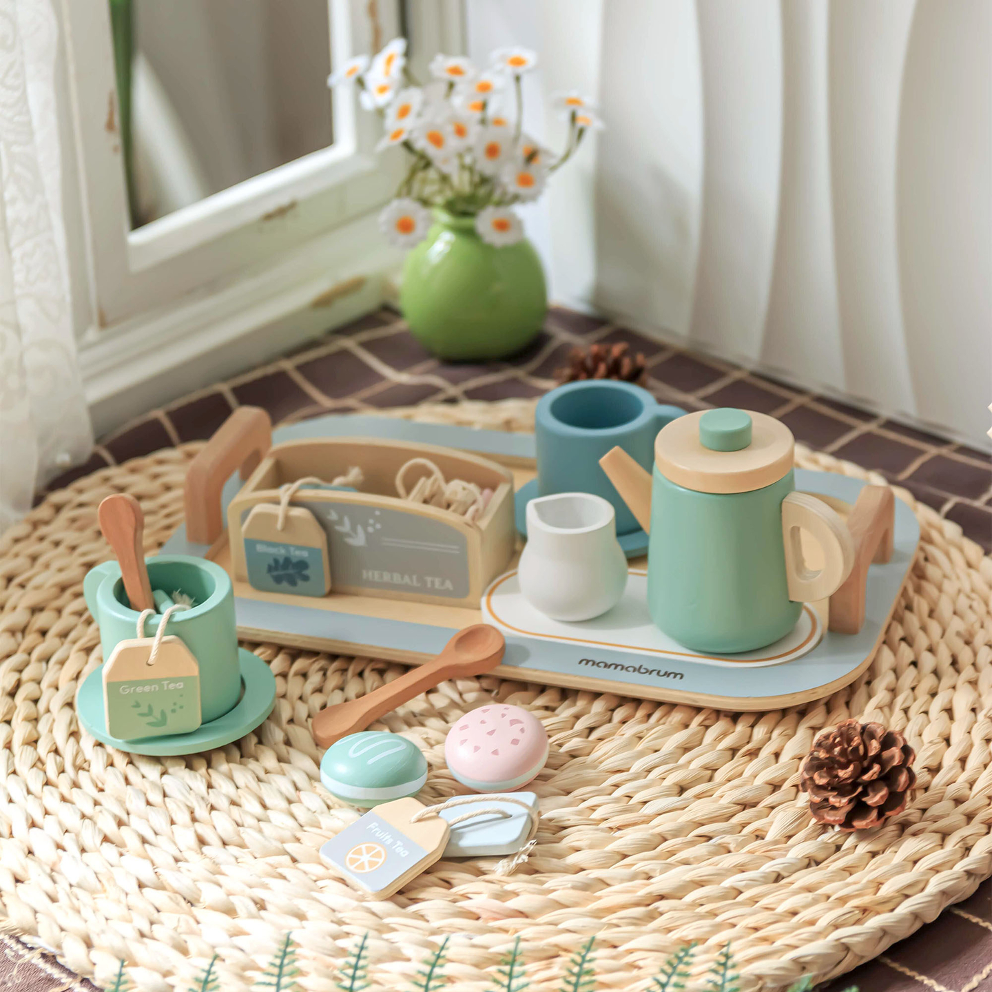 Veľká drevená čajová súprava s podnosom - 18 kusov