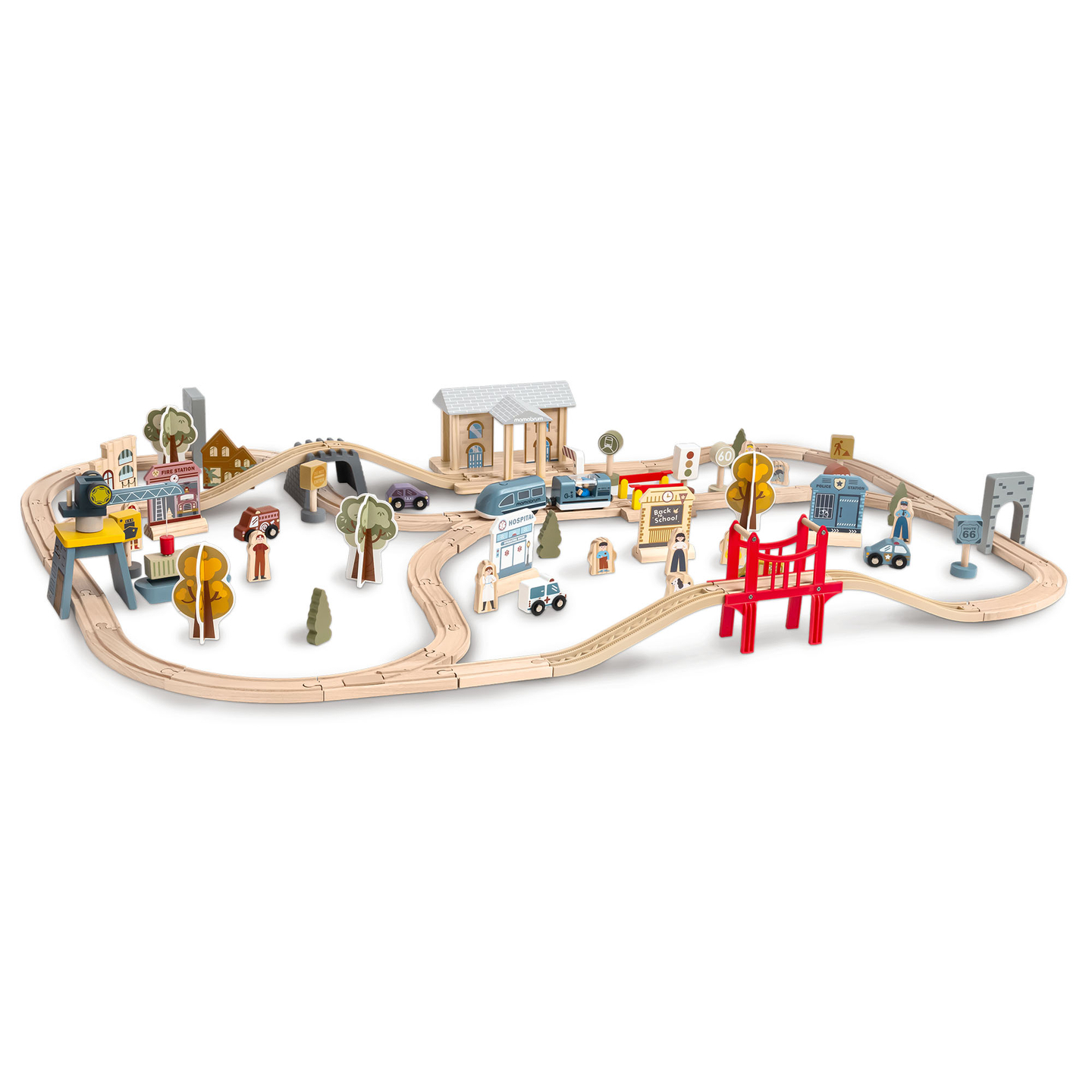 Drevená mestská železnica s elektrickým vlakom - pohybujúci sa žeriav, loď, mosty