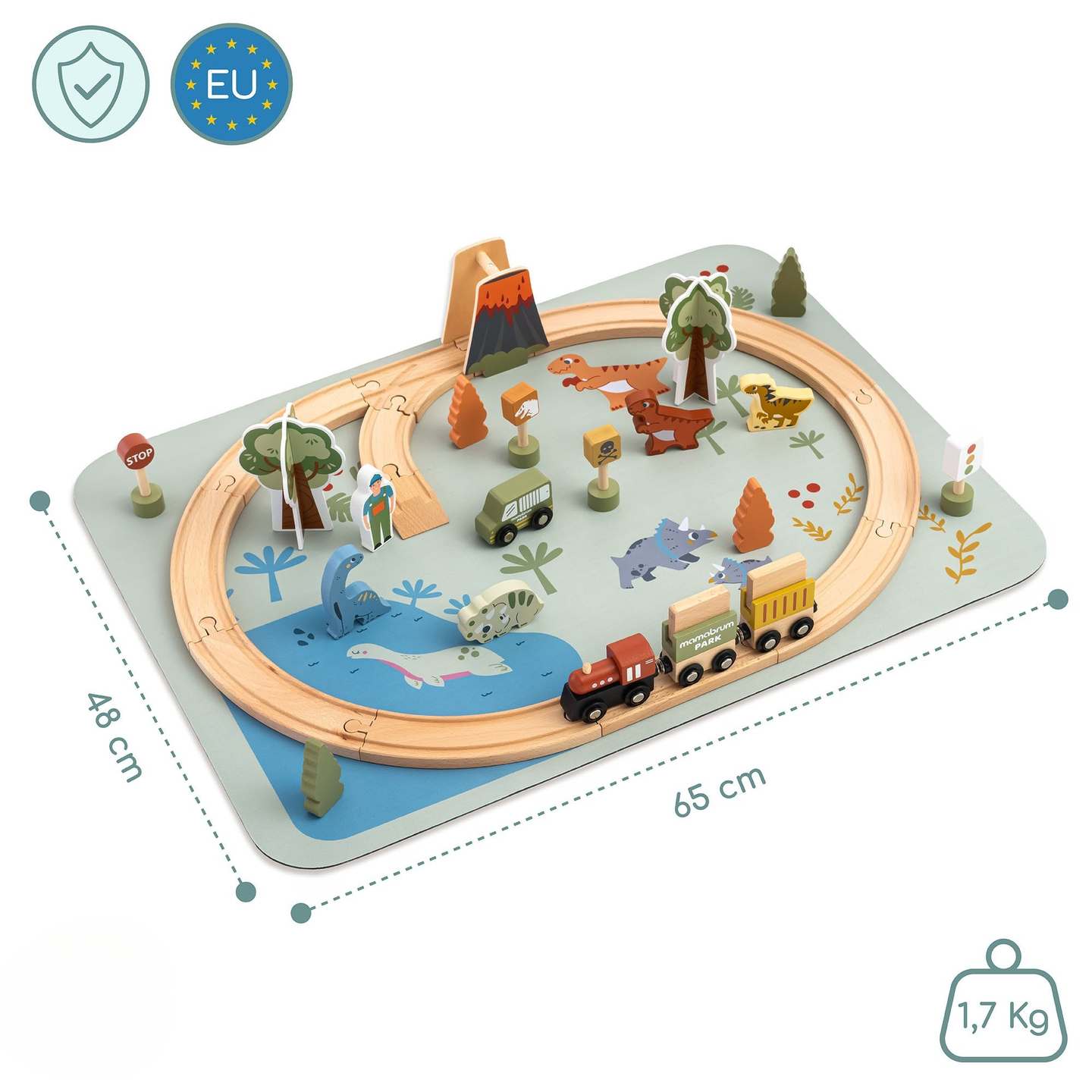 Drevený vláčik Dino Park s protišmykovou podložkou - dinosaury, vláčik, koľajnice, sopka, zvonček