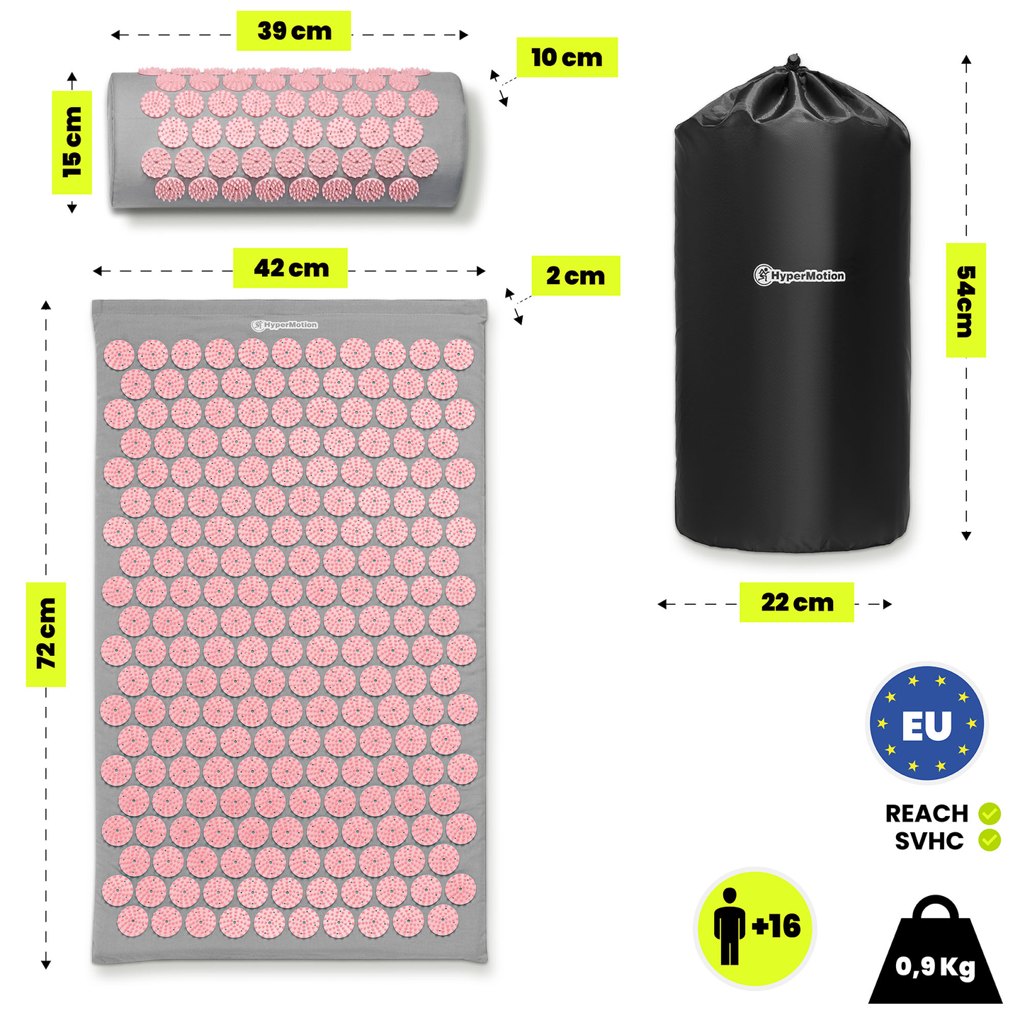Akupresúrna podložka s vankúšom a poťahom - 72 cm HyperMotion sivá a ružová