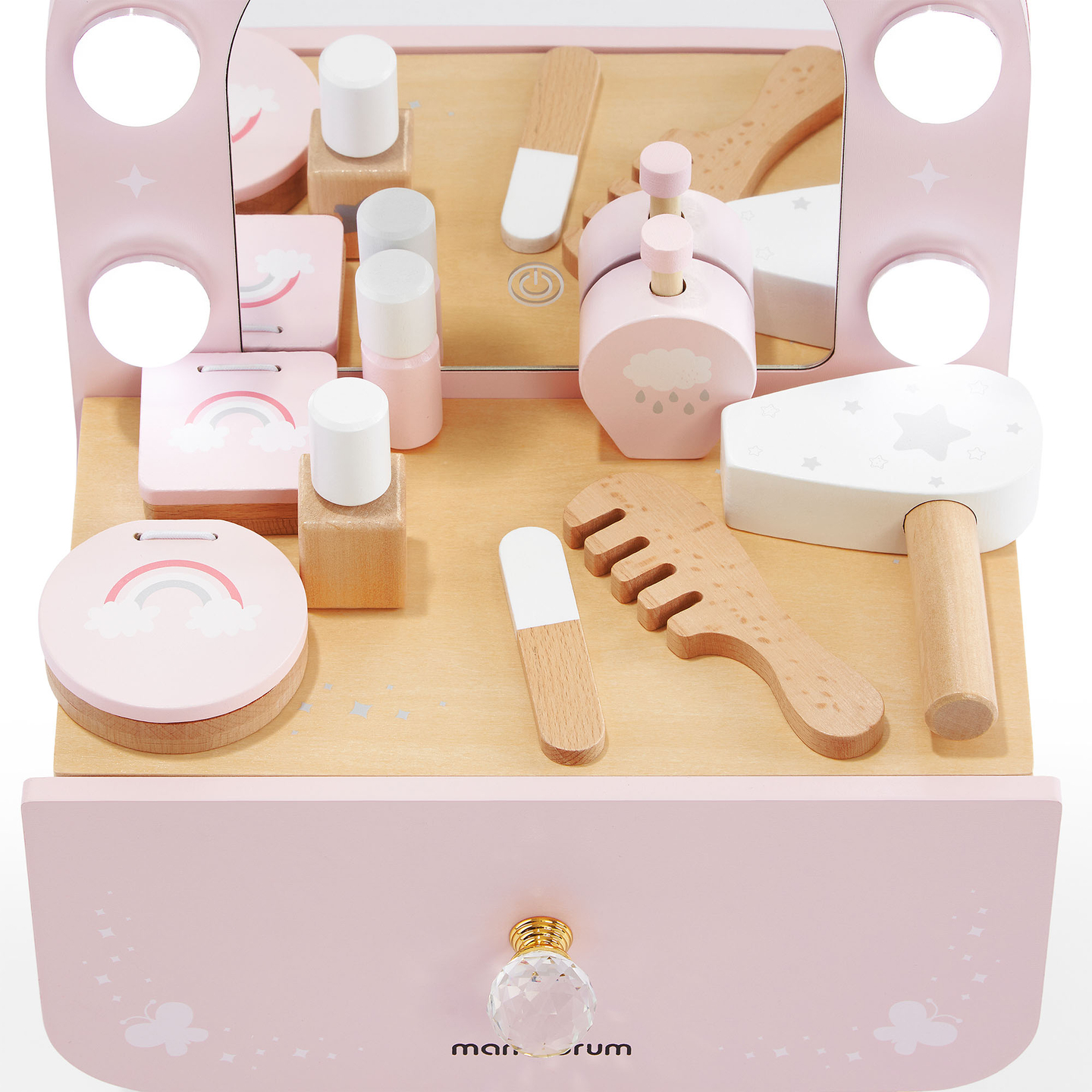 Drevený mini toaletný stolík pre deti s príslušenstvom a LED osvetlením s plynulým nastavením jasu