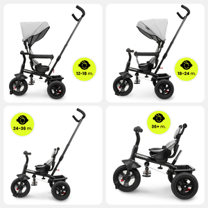 Trojkolka pre deti od 1 do 4 rokov - TOBI FREY - sivá farba - otočná - pumpované kolesá + tlačné koleso