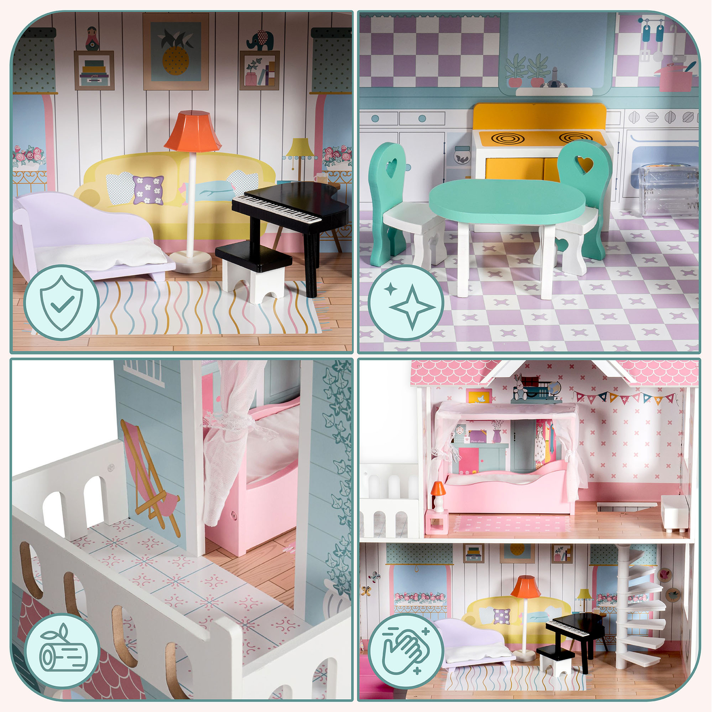 XXL Najväčší drevený domček pre bábiky - 123 cm - LED osvetlenie - terasa, doplnky, záhrada