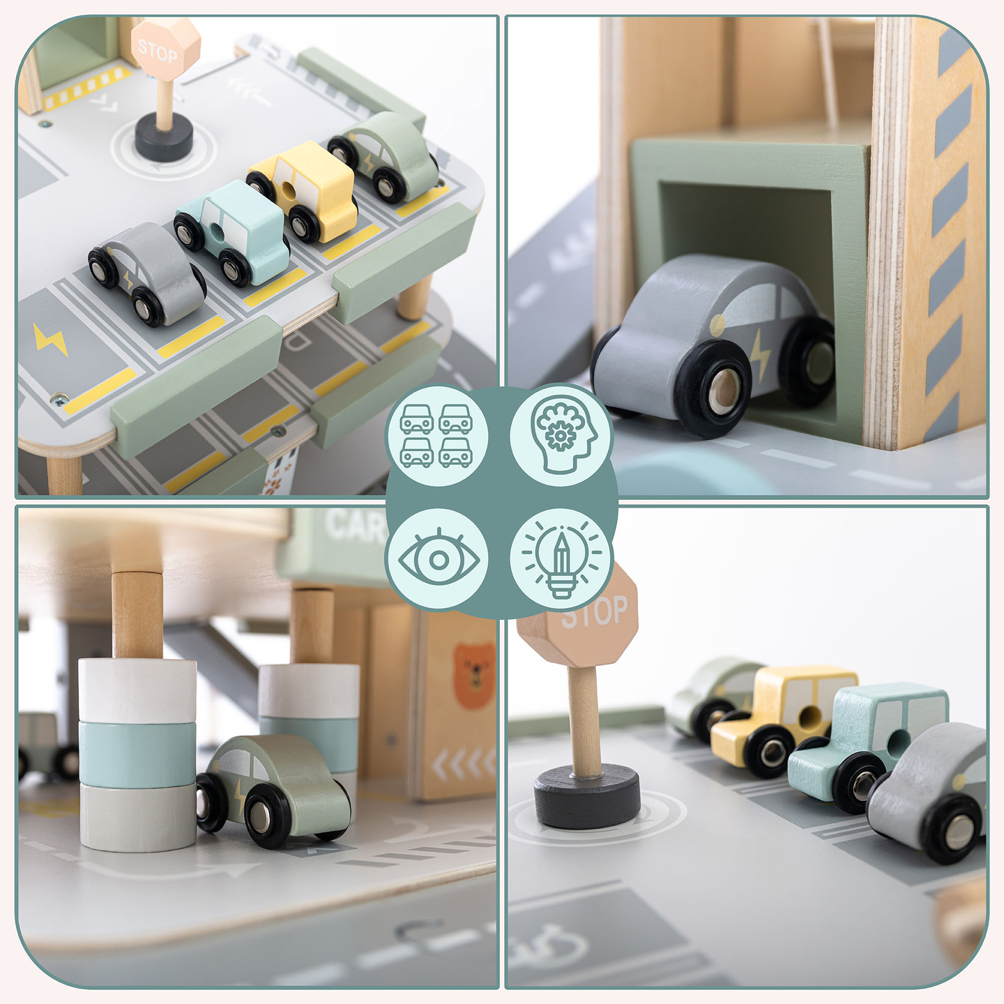 Drevená trojposchodová garáž pre deti s príslušenstvom – parkovisko, čerpacia stanica, umývačka áut, vrtuľník