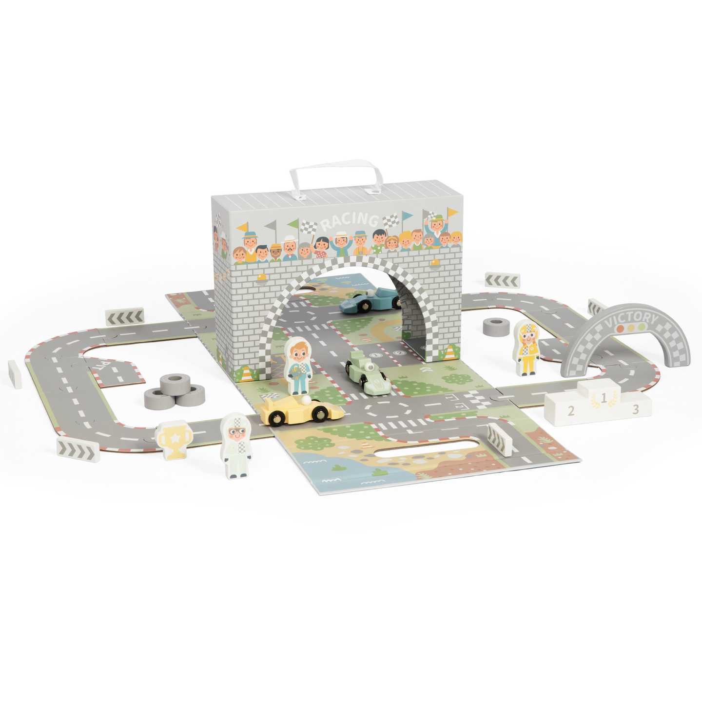 Magnetický kufor s pretekárskou dráhou, drevenými vozidlami a cestnými doplnkami