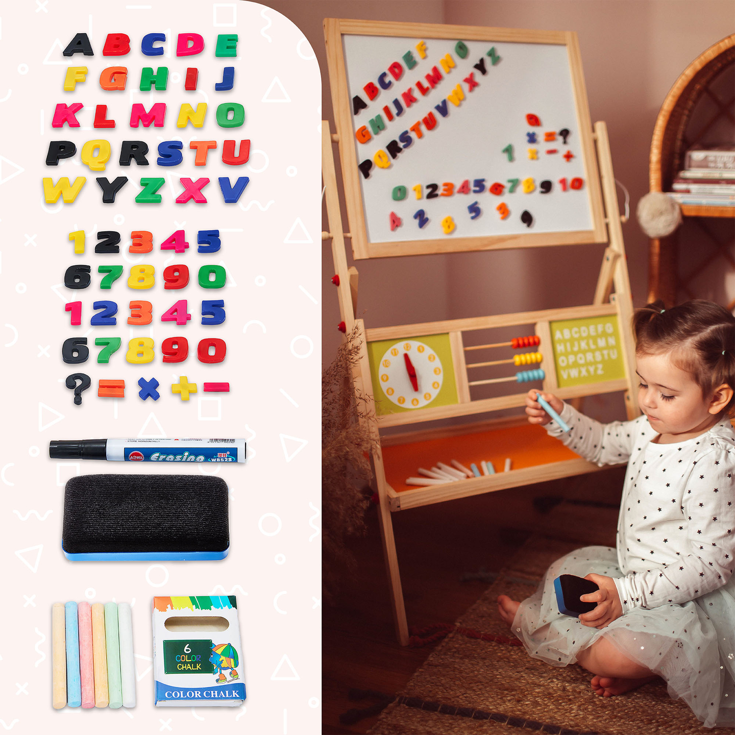 Veľká vzdelávacia obojstranná tabuľa: magnetická a kriedová - tabuľa na vymazávanie za sucha, drevená