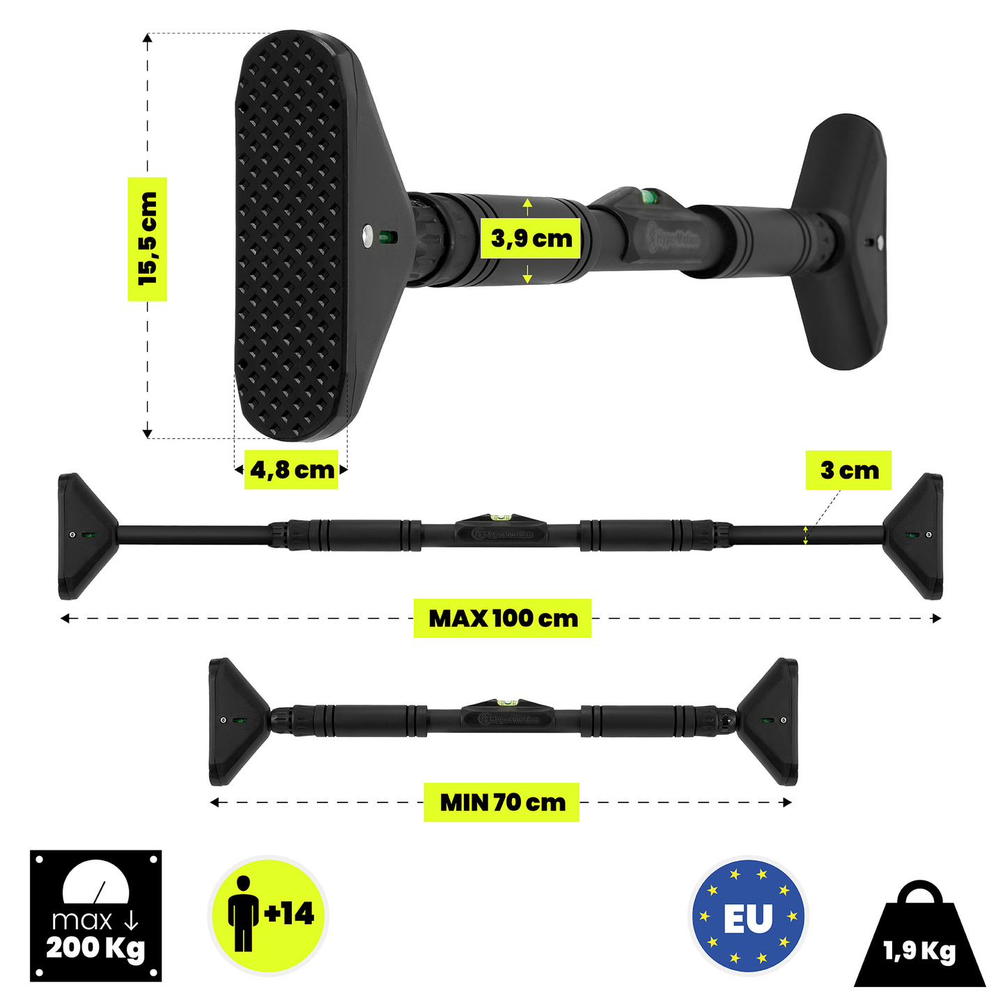 Nastaviteľná hrazda HyperMotion 70–100 cm, 200 kg, čierna