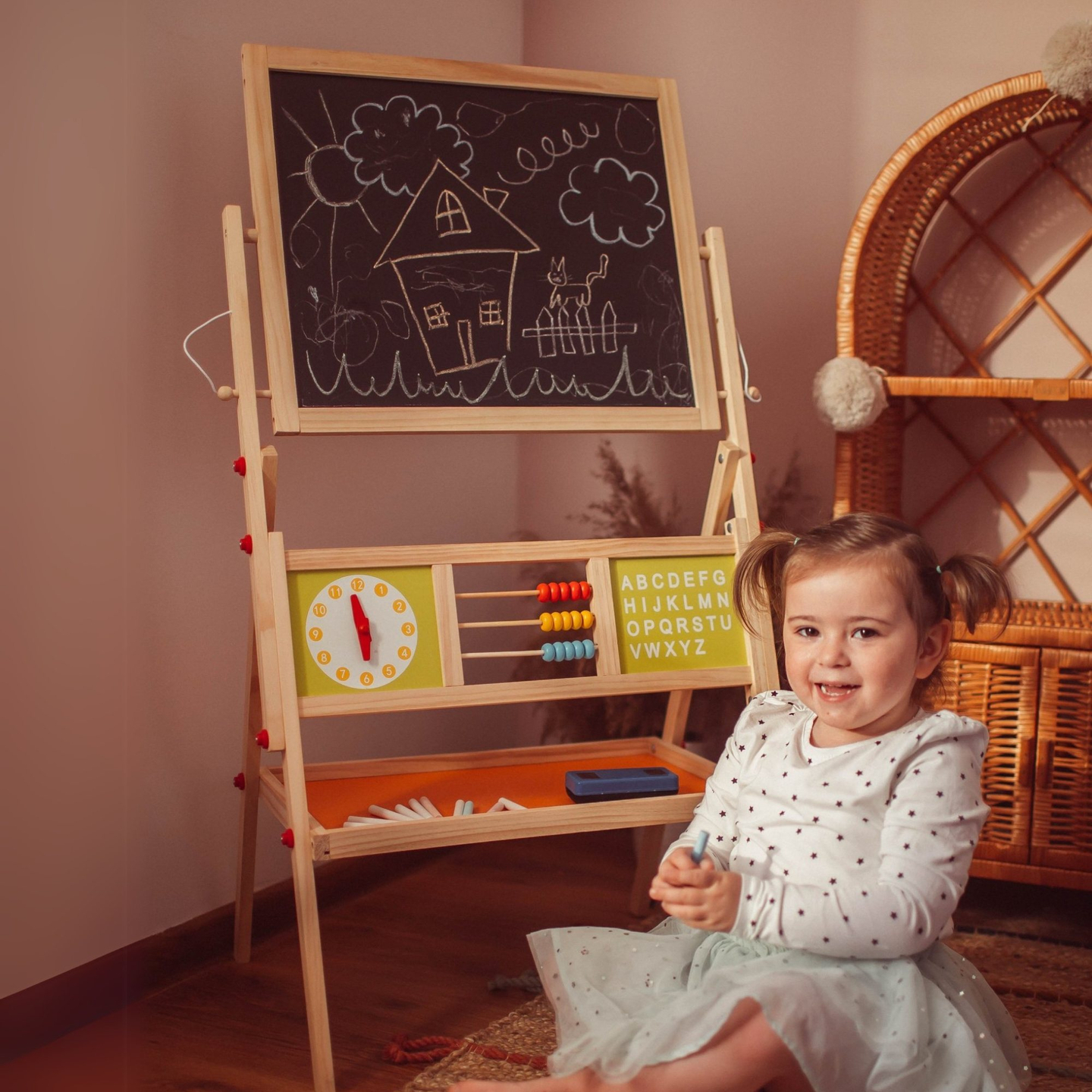 Veľká vzdelávacia obojstranná tabuľa: magnetická a kriedová - tabuľa na vymazávanie za sucha, drevená